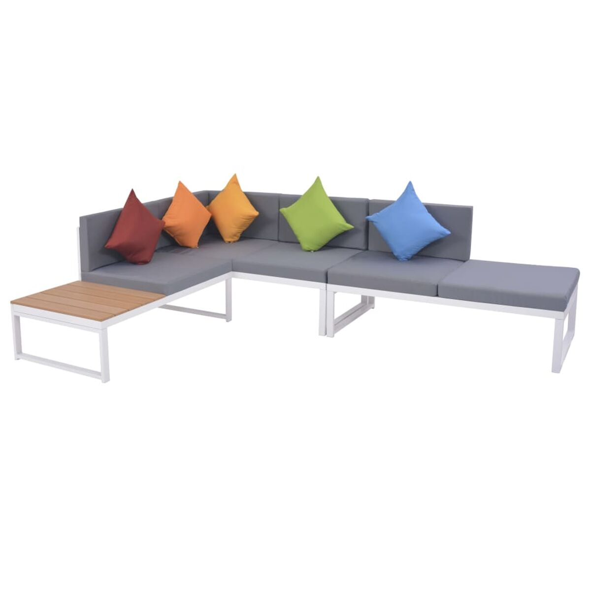 L-förmiges graues Sofa mit bunten Kissen und einem Holztisch. Weißer Rahmen, vor weißem Hintergrund.