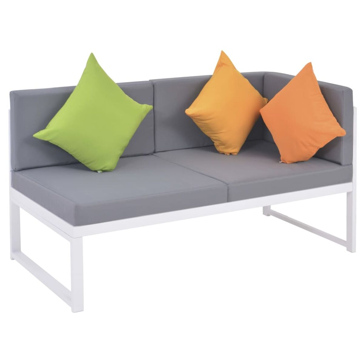 Graues Outdoor-Sofa mit weißem Rahmen. Es hat drei bunte Kissen: grün, orange und gelb.