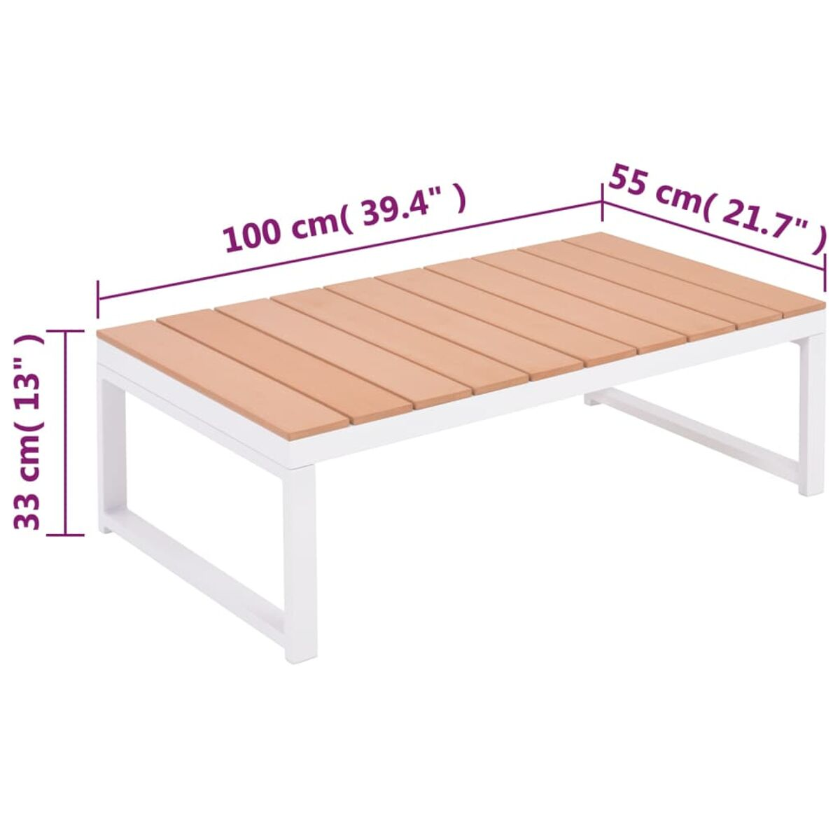 Ein Holztisch mit braunen Lamellen, weißen Beinen, mit Abmessungen in Zentimetern.
