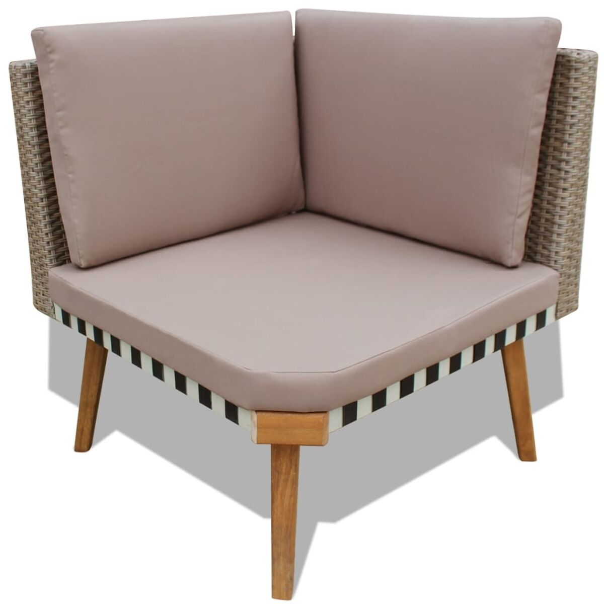 Ecksofa mit beigen Kissen und gewebten Seiten und Rücken.