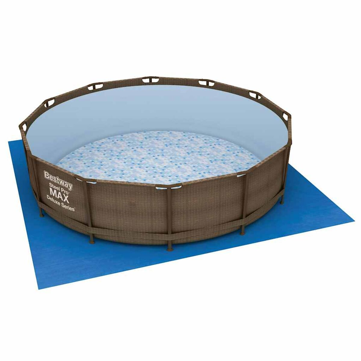 Runder Pool auf einer blauen Matte auf Gras. Braune gewebte Seiten. Bestway Steel Pro MAX Deluxe Series.