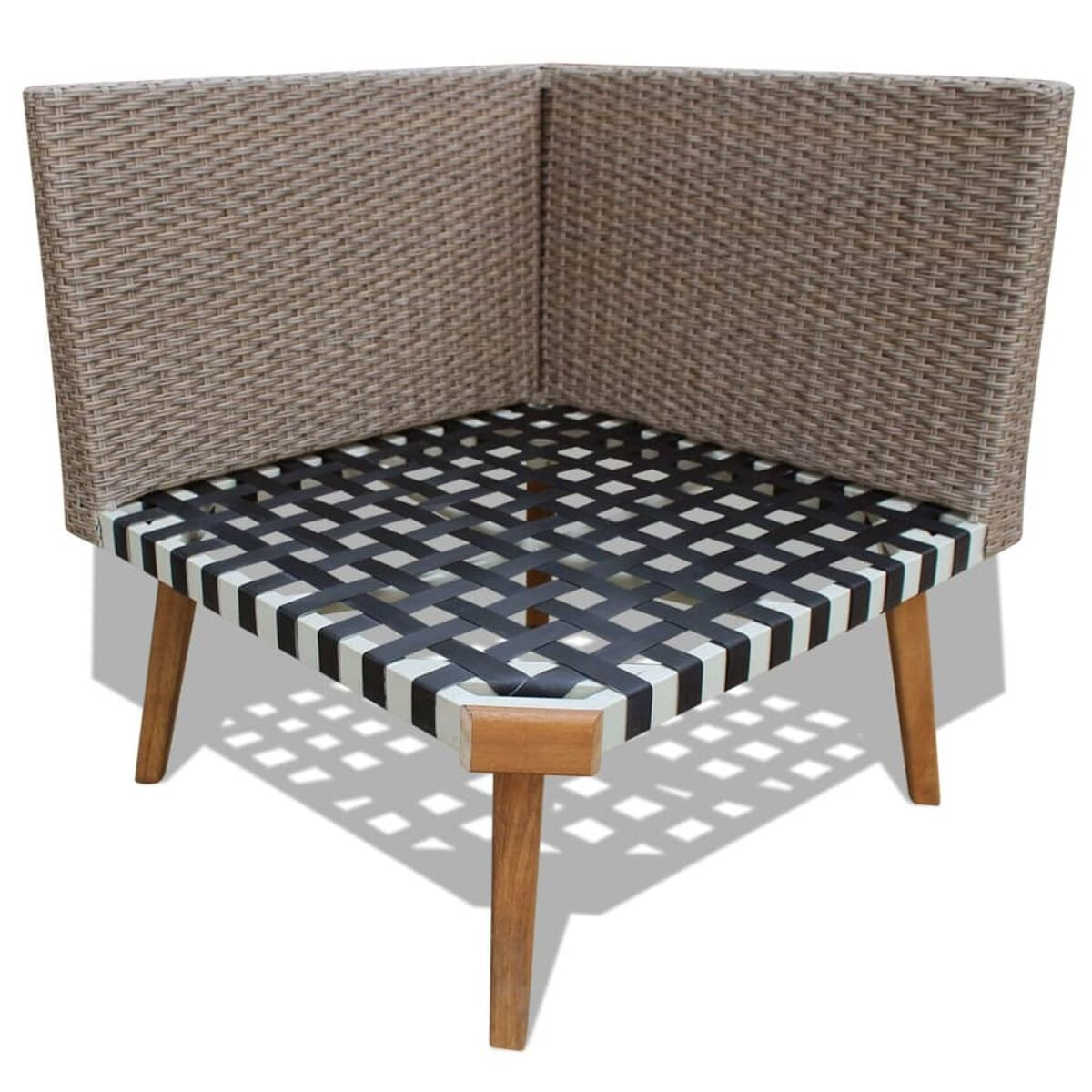 Ein Eckstuhl aus Korbgeflecht mit einem schwarz-weißen Sitz und Holzbeinen.