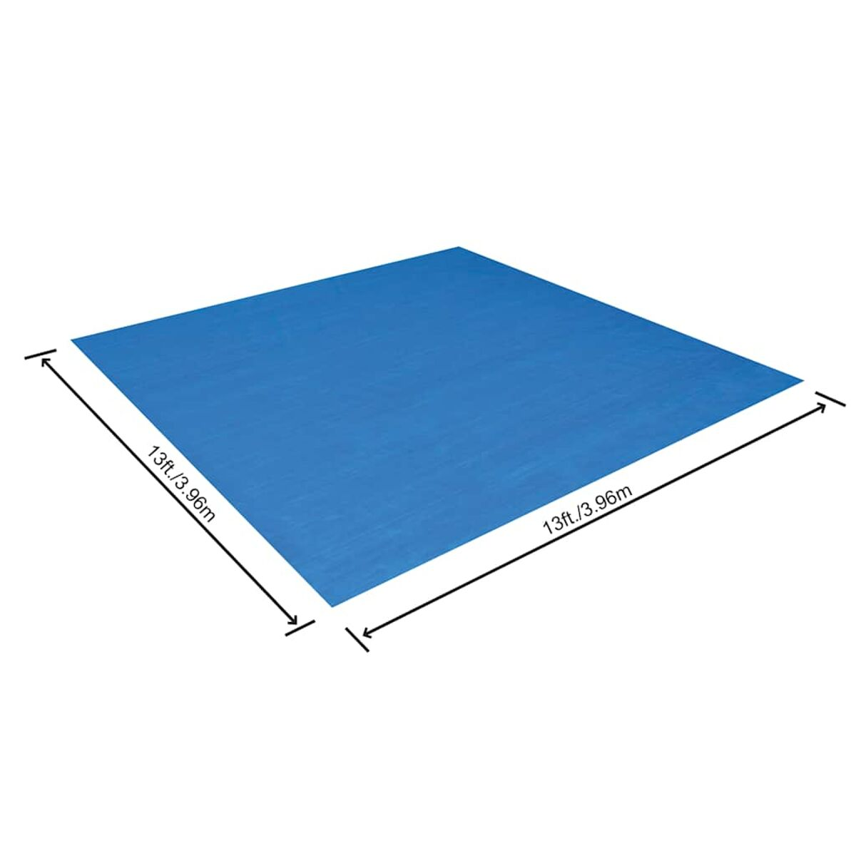 Eine blaue rechteckige Schwimmbadabdeckung. Die Abdeckung ist quadratisch und hat Messungen darauf.