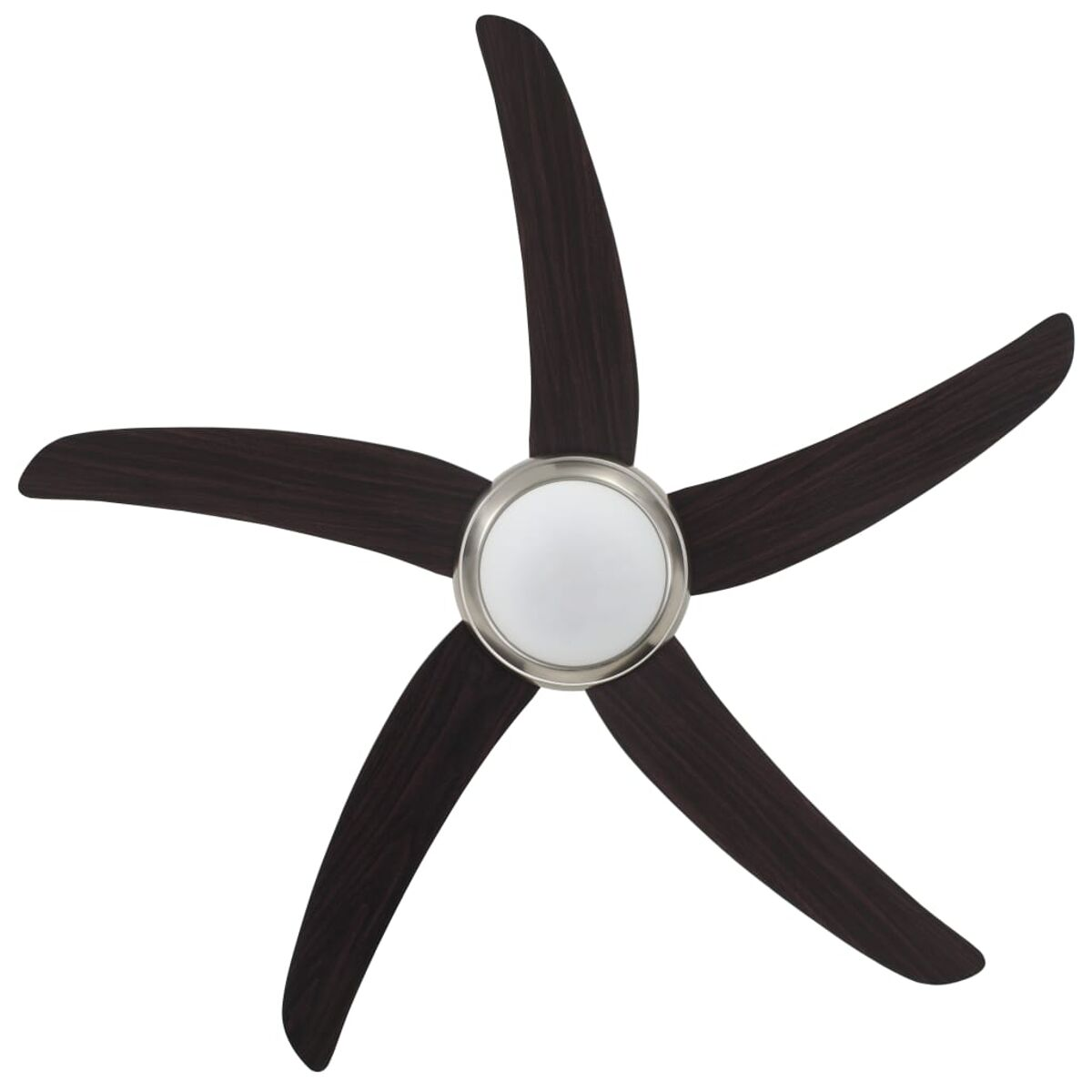 Un ventilatore da soffitto con cinque pale marrone scuro e una luce centrale argentata.