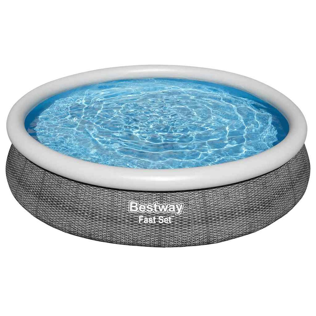 Runder oberirdischer Pool mit blauem Wasser und grauem gewebtem Äußeren.