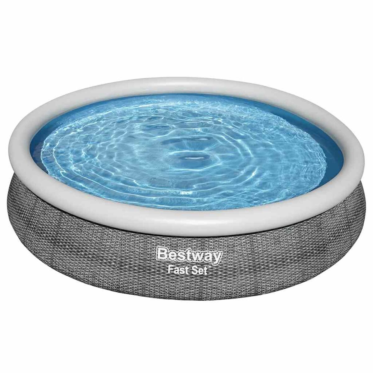 Ein runder, grau-weißer aufblasbarer Pool mit blauem Wasser. Das Bestway-Logo ist sichtbar.