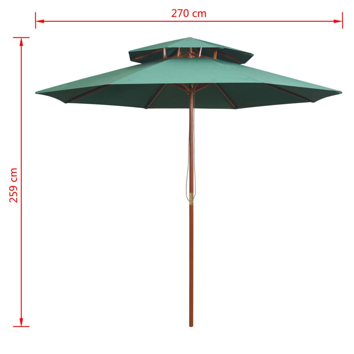 Ein grüner und brauner Sonnenschirm mit Maßen, 270 cm breit und 259 cm hoch.