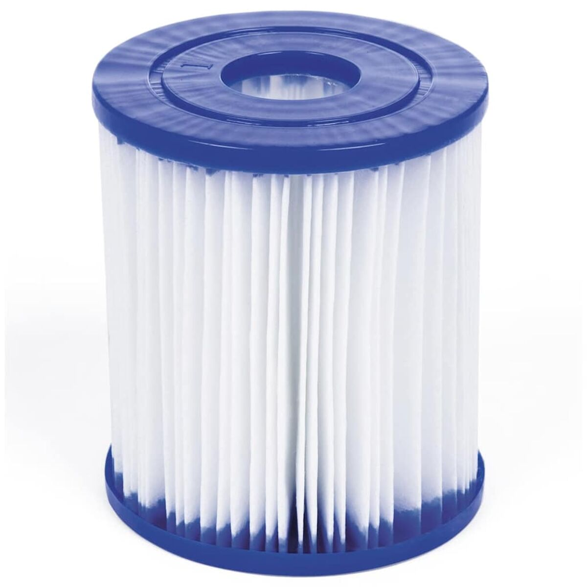 Zylindrischer Filter mit weißem, plissiertem Papier und blauem Ober-/Unterteil.