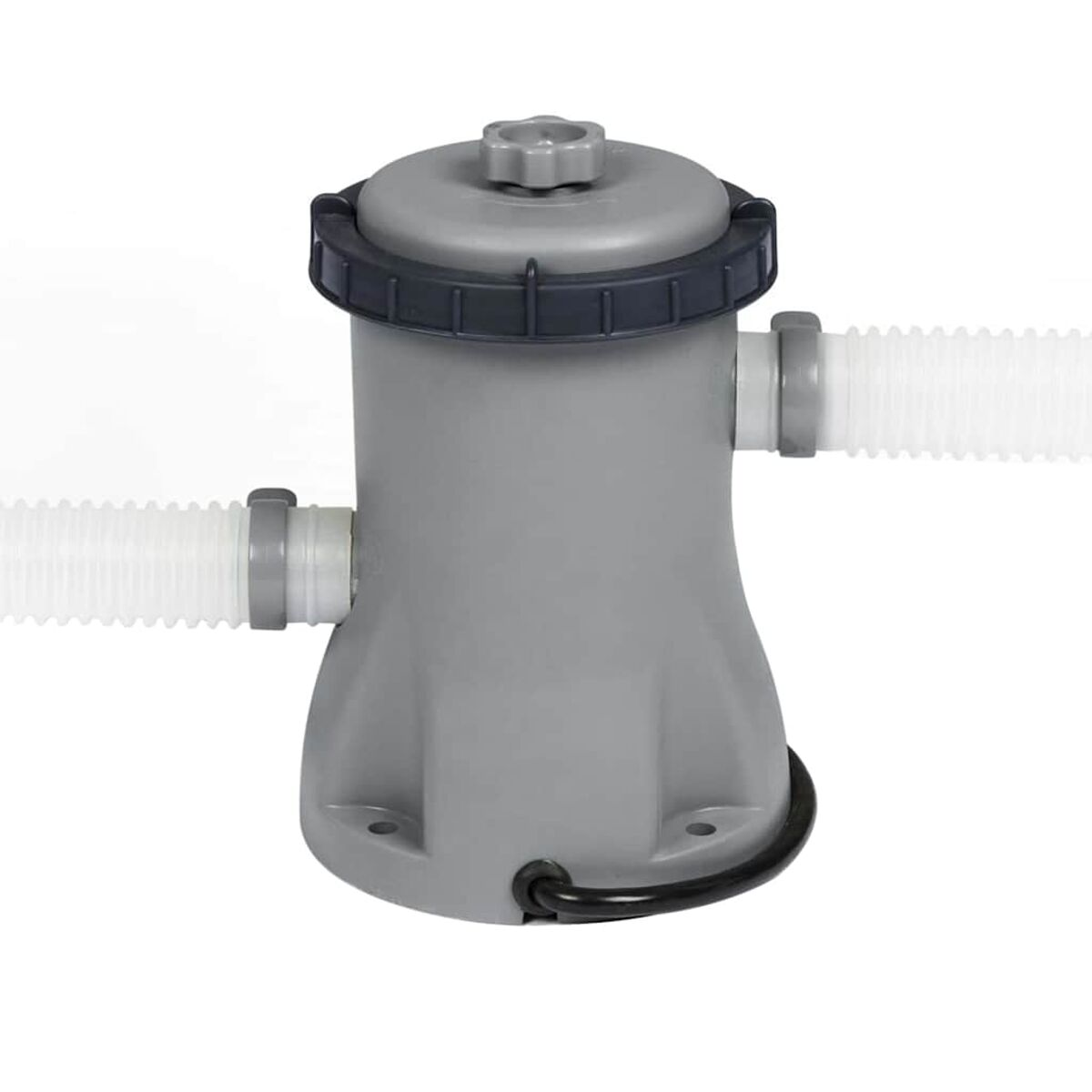 Grauer Wasserfilter mit zwei weißen Schläuchen und schwarzem Stromkabel.
