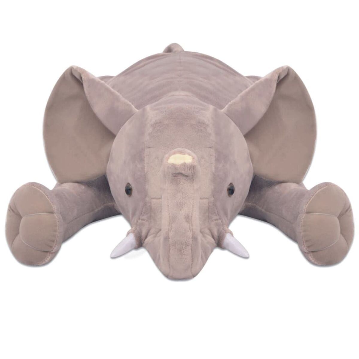 Ein großes, graues Elefanten-Stofftier. Der Elefant liegt auf weißem Hintergrund.