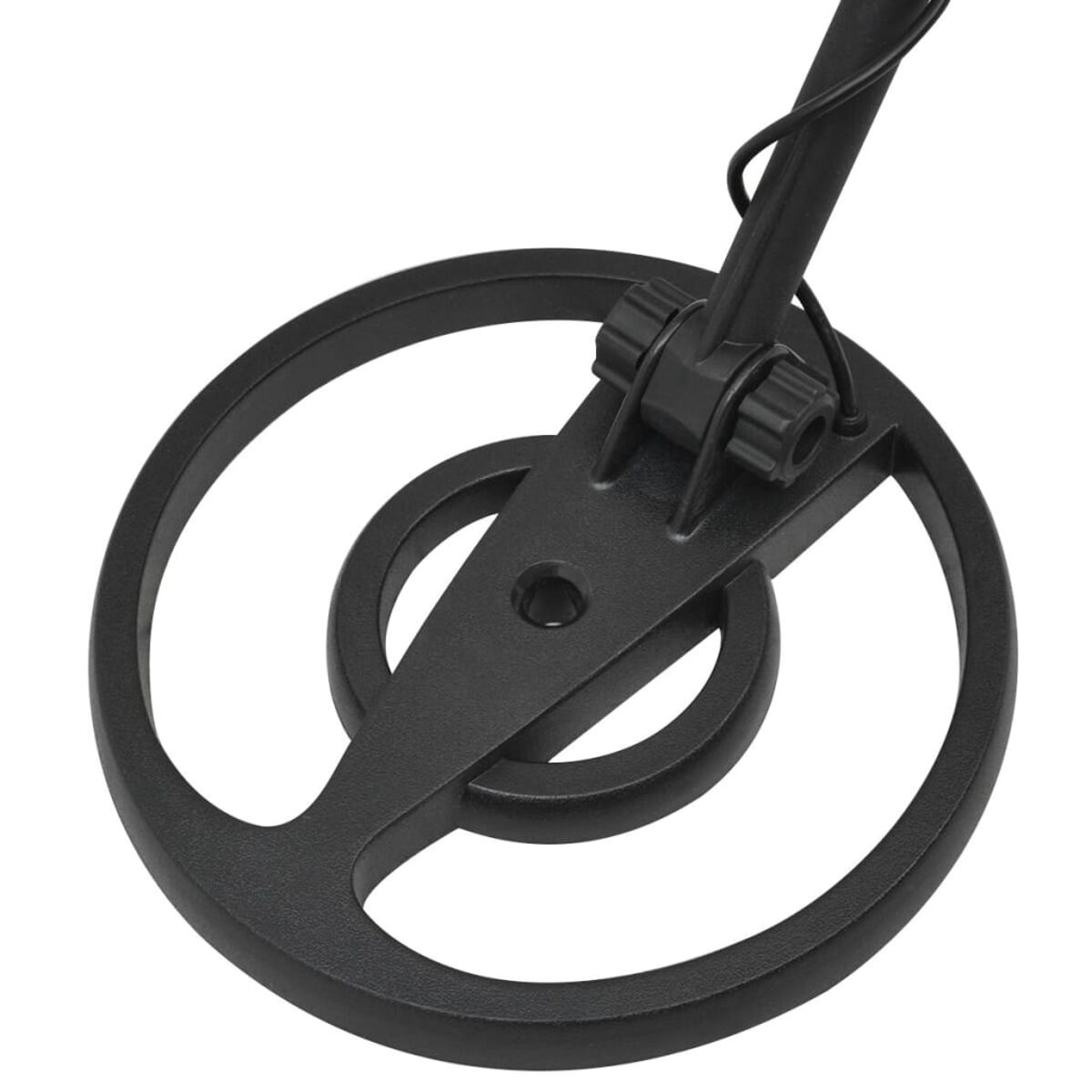 Schwarze Metalldetektorspule mit einem angeschlossenen schwarzen Griff.