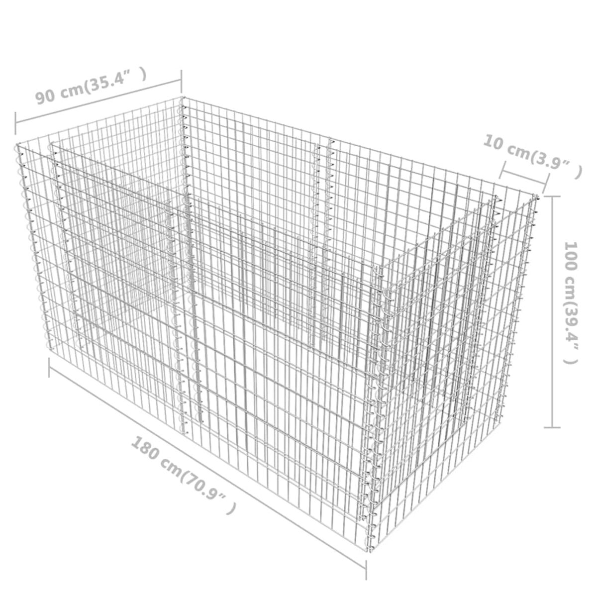 Ein rechteckiger Drahtgeflecht-Gabion. Die Abmessungen sind beschriftet: 180 cm x 90 cm x 100 cm.