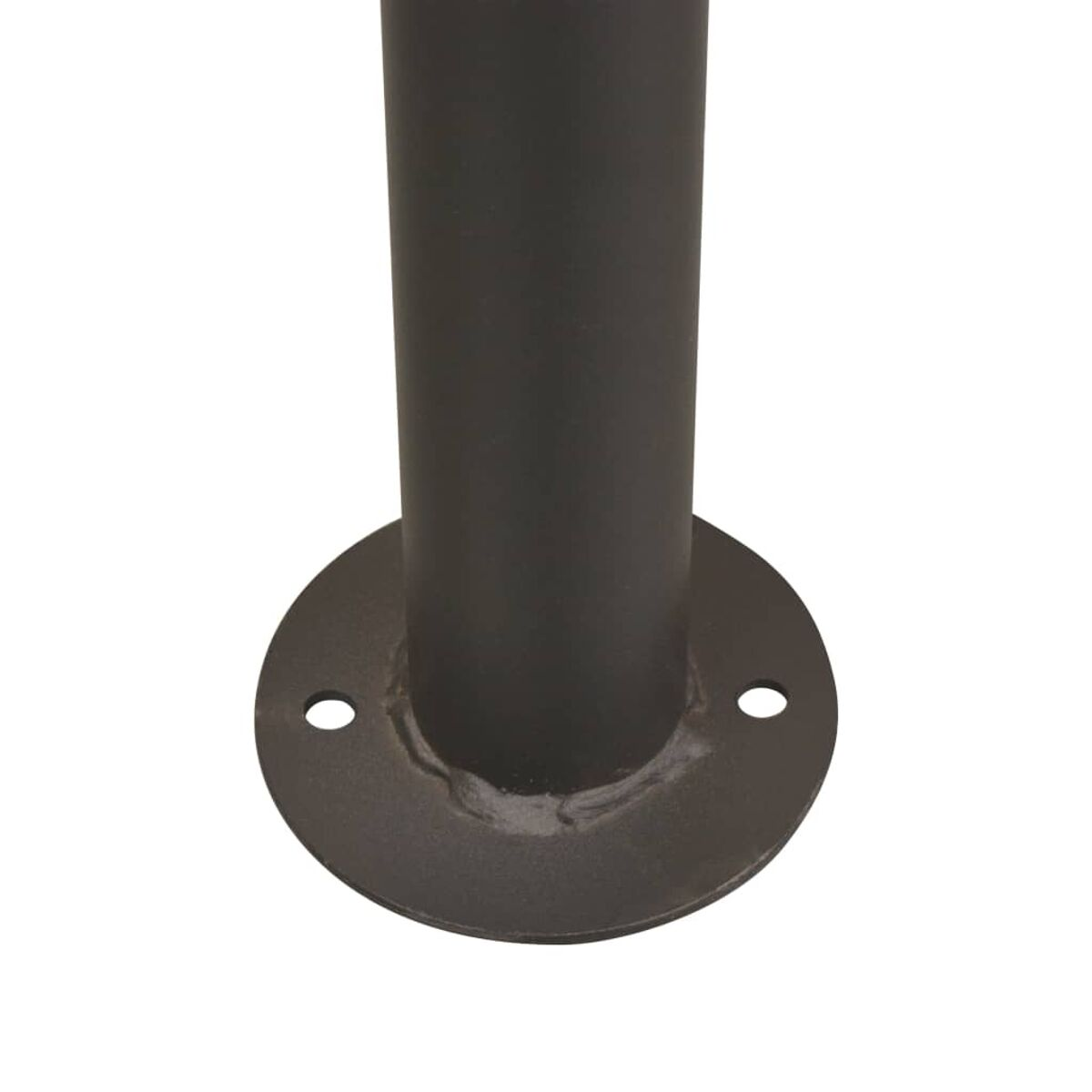 Eine schwarze Metallstange mit kreisförmiger Basis und zwei Löchern. Die Stange befindet sich auf weißer Oberfläche.