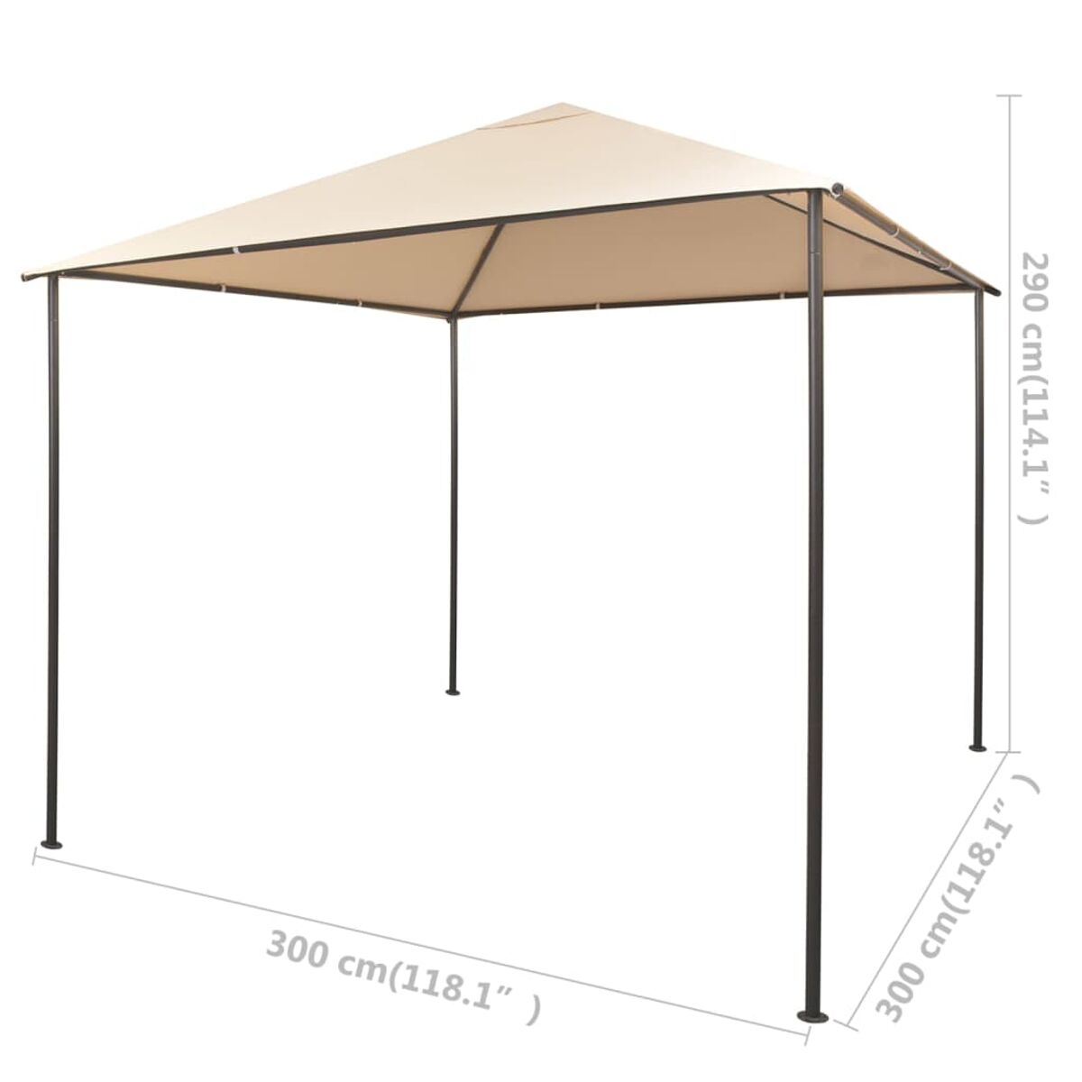 Beigefarbener Pavillon mit schwarzem Rahmen. Abmessungen: 300cm x 300cm x 290cm.