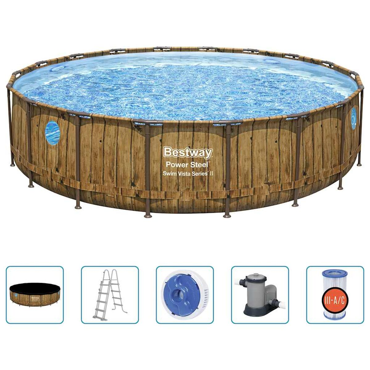 Bovengronds zwembad met houten bekleding en diverse accessoires.