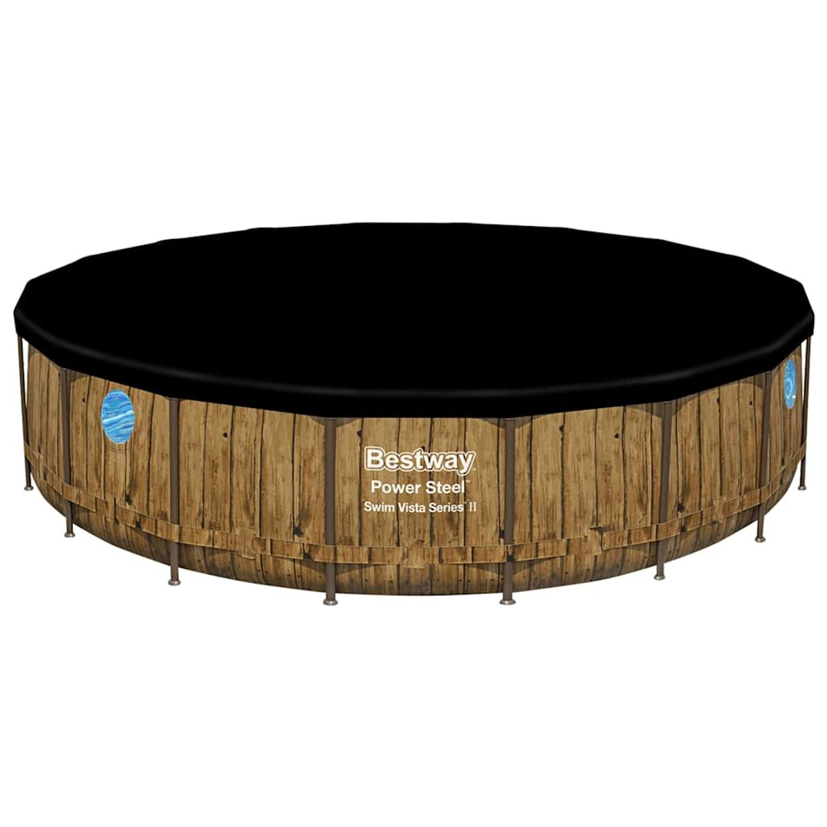 Een rond bovengronds zwembad met een zwarte afdekking, met houten panelen en blauwe logo's.