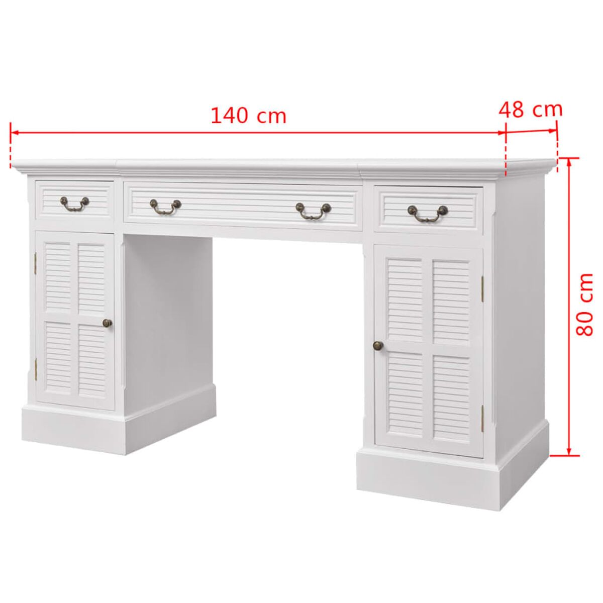 Weißer Schreibtisch mit Schubladen und Türen. Abmessungen: 140cm breit, 48cm tief, 80cm hoch.