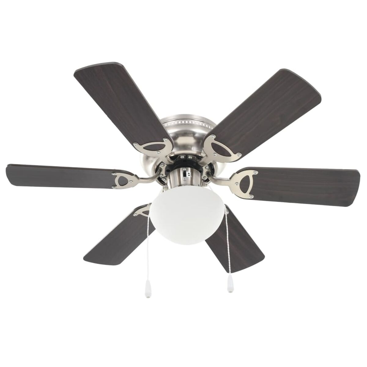 Un ventilatore a soffitto con cinque pale marrone scuro. L'apparecchio è metallico.