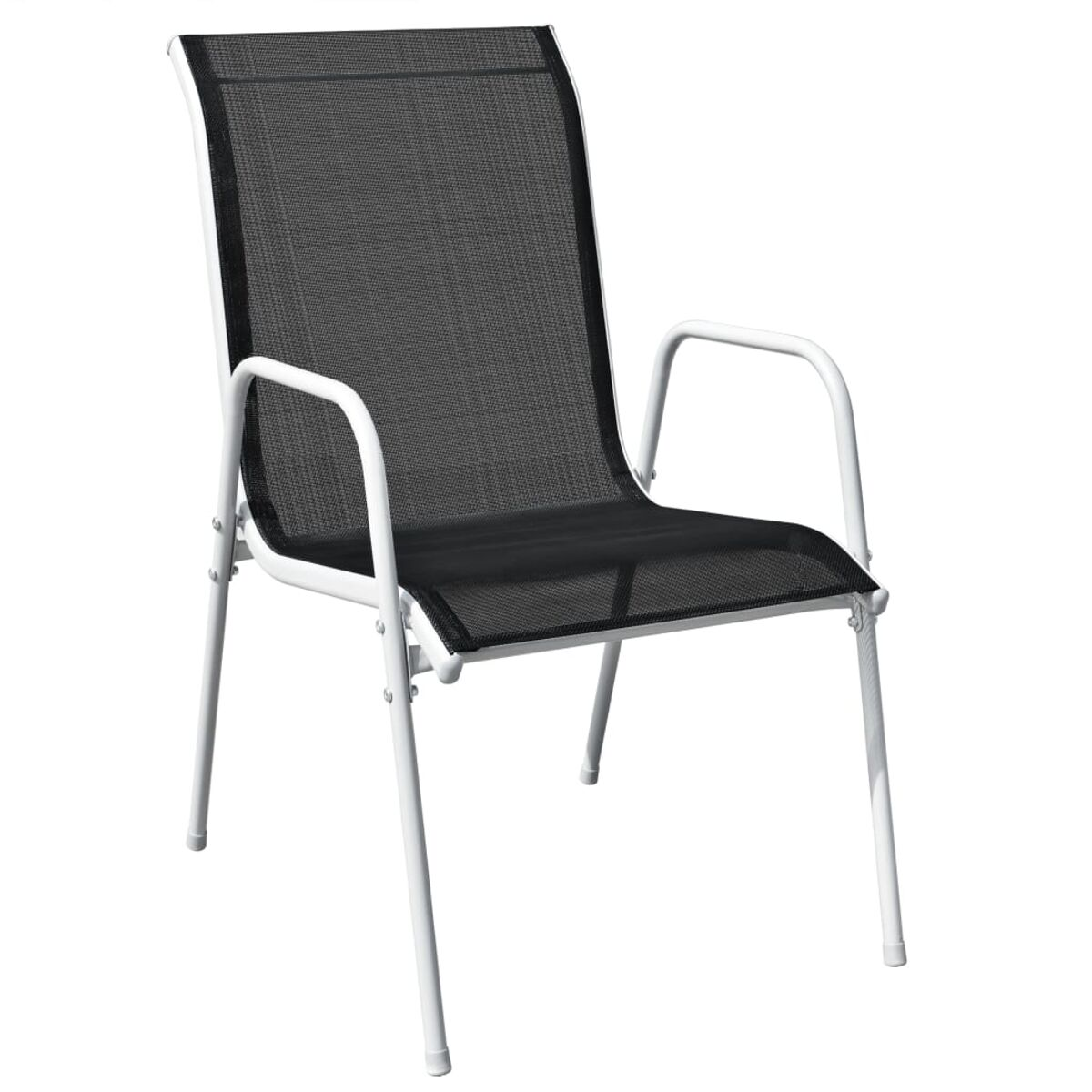 Ein weißer Metallstuhl mit schwarzem Mesh-Sitz und -Rücken, mit Armlehnen.