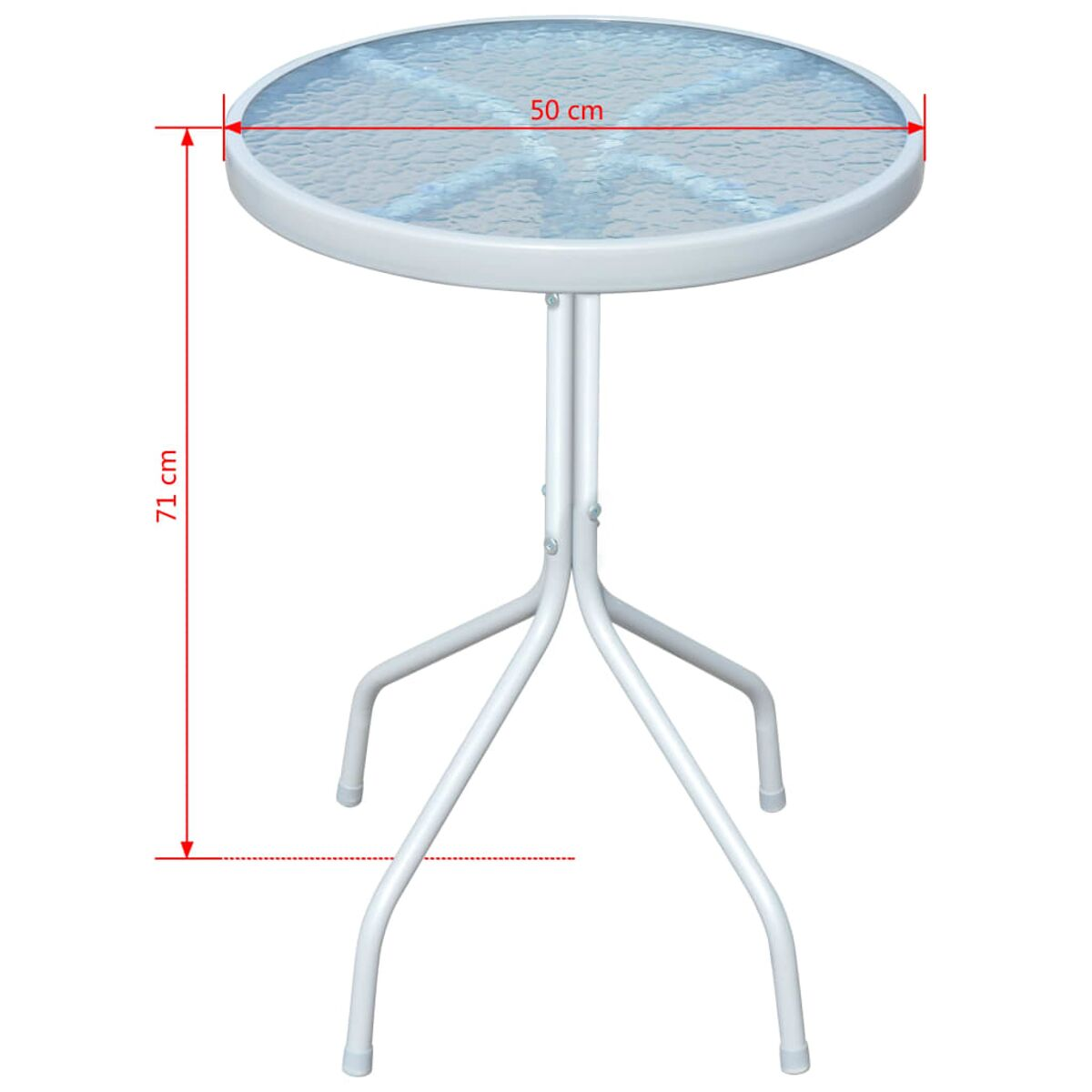 Ein kleiner, runder Gartentisch mit Glasplatte und weißem Metallgestell, mit Maßen.
