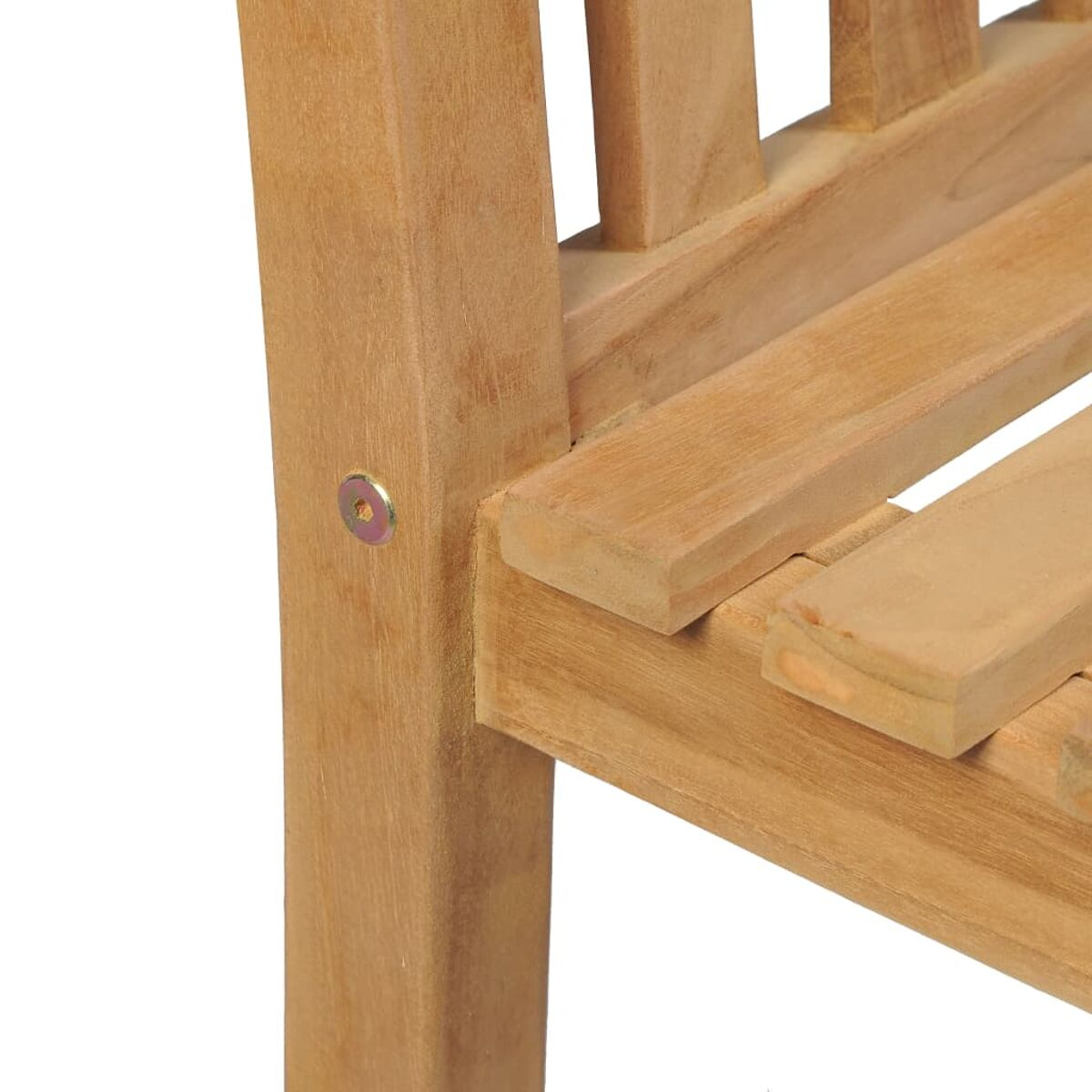 Nahaufnahme eines Holzstuhls. Ein Bolzen ist sichtbar.