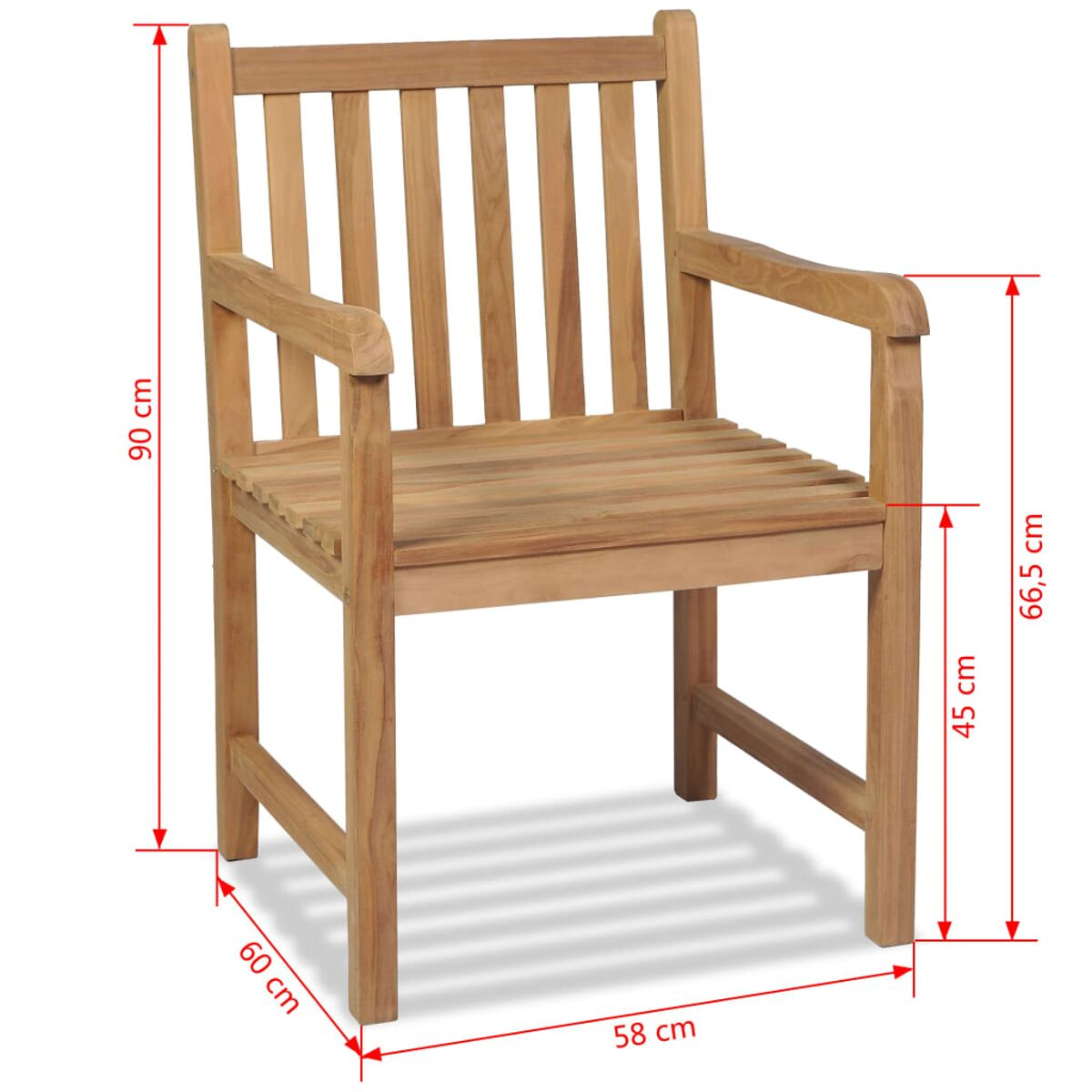 Holzsessel mit Maßen. Der Stuhl hat Armlehnen und vertikale Rückenleisten.