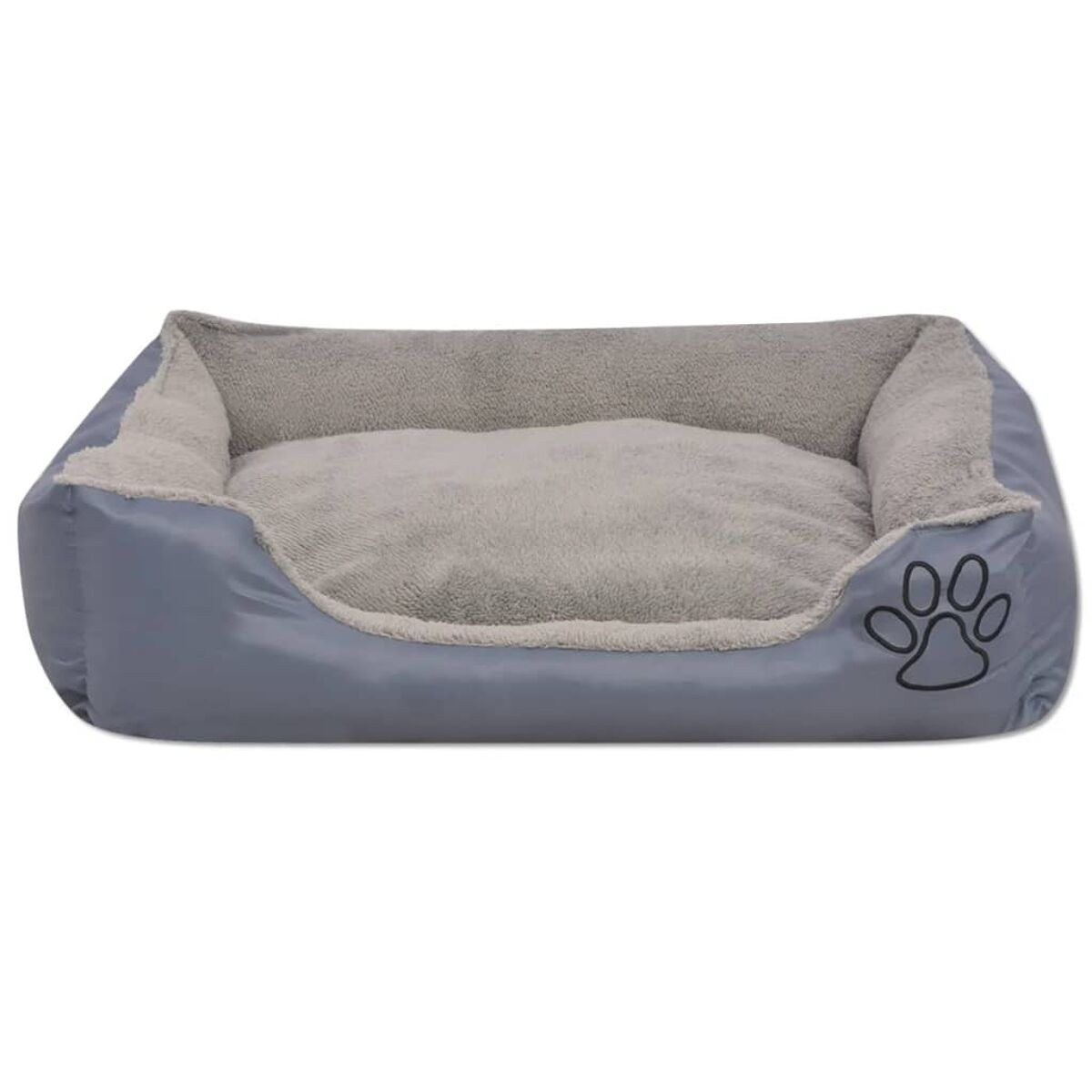 Ein blau-graues Hundebett mit Pfotenabdruck. Es ist auf weißem Hintergrund isoliert.