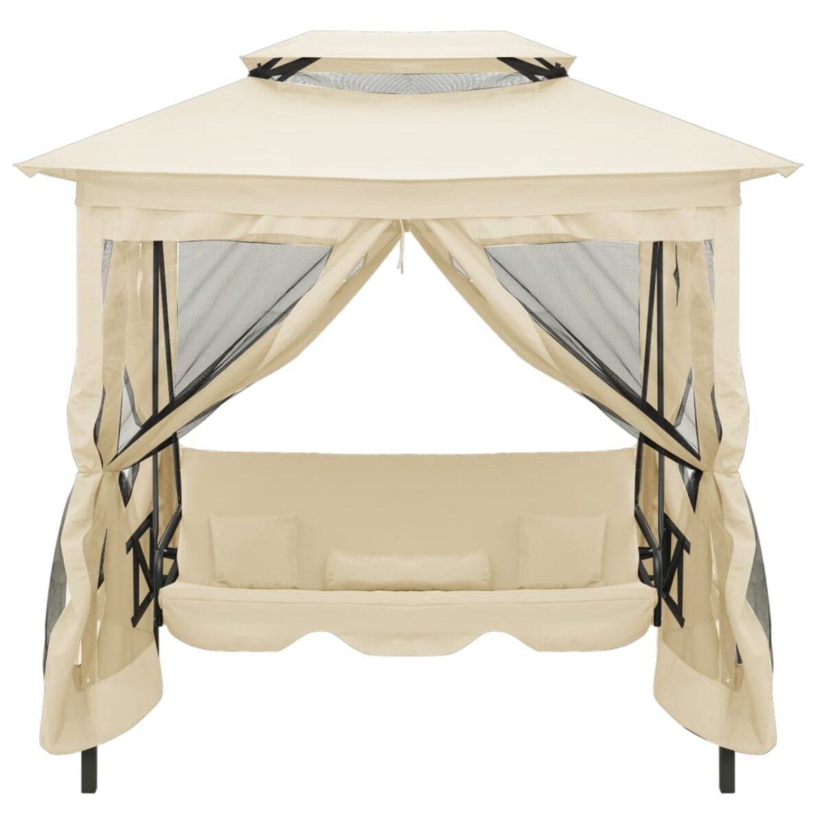Beige Pavillon mit Baldachin und Vorhängen. Es hat ein Sofa und Kissen im Inneren.