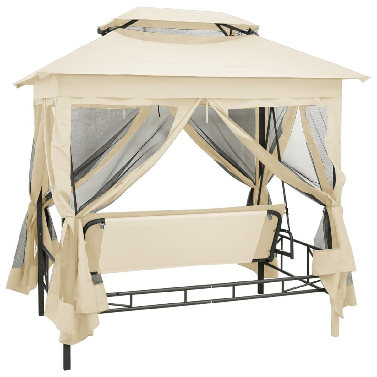 Beige Pavillon-Schaukel mit Baldachin und Netzvorhängen. Schwarzer Rahmen und beiger Sitzbereich.