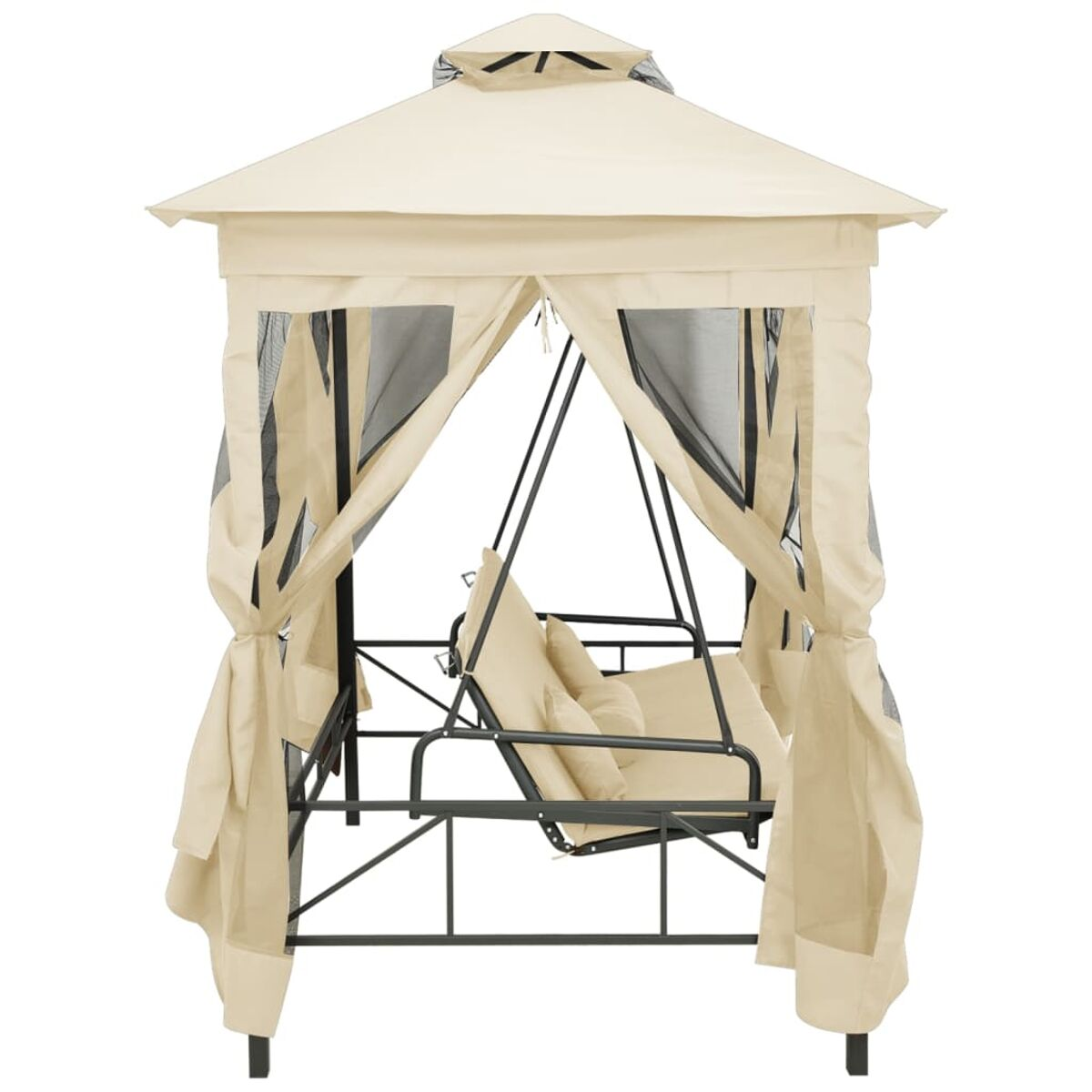 Beigefarbener Pavillon mit Schaukel, Vorhängen und spitzem Dach. Auf weißem Hintergrund.