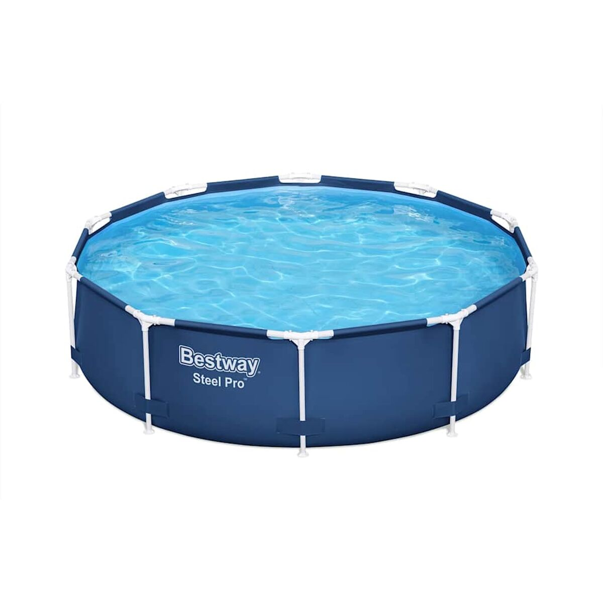 Runder blauer Aufstellpool. Weißer Rahmen. Blaues Wasser. Weißer Hintergrund.
