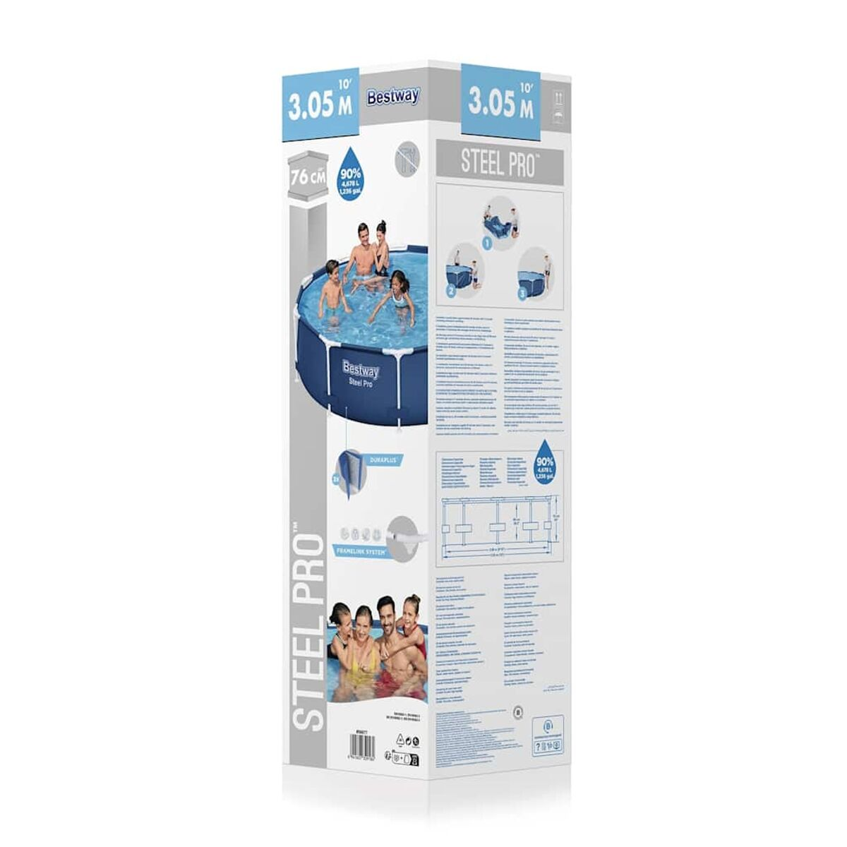 Karton eines Bestway Steel Pro Aufstellpools mit Illustrationen.
