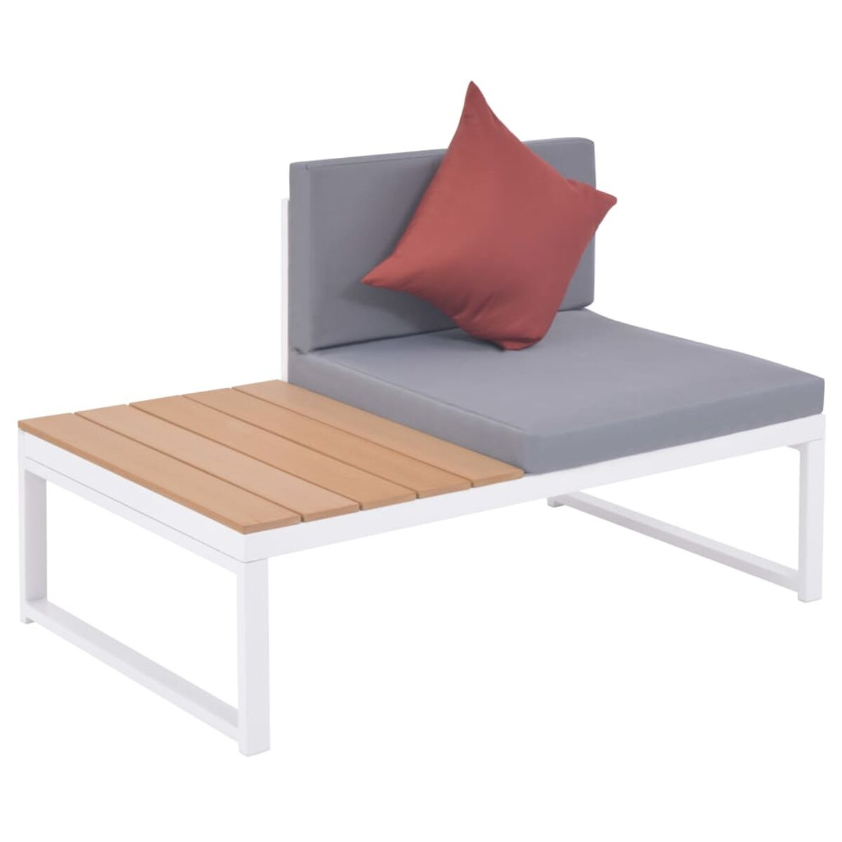 Modernes Sitzmöbel-Set für draußen mit weißem Rahmen und Holztisch.