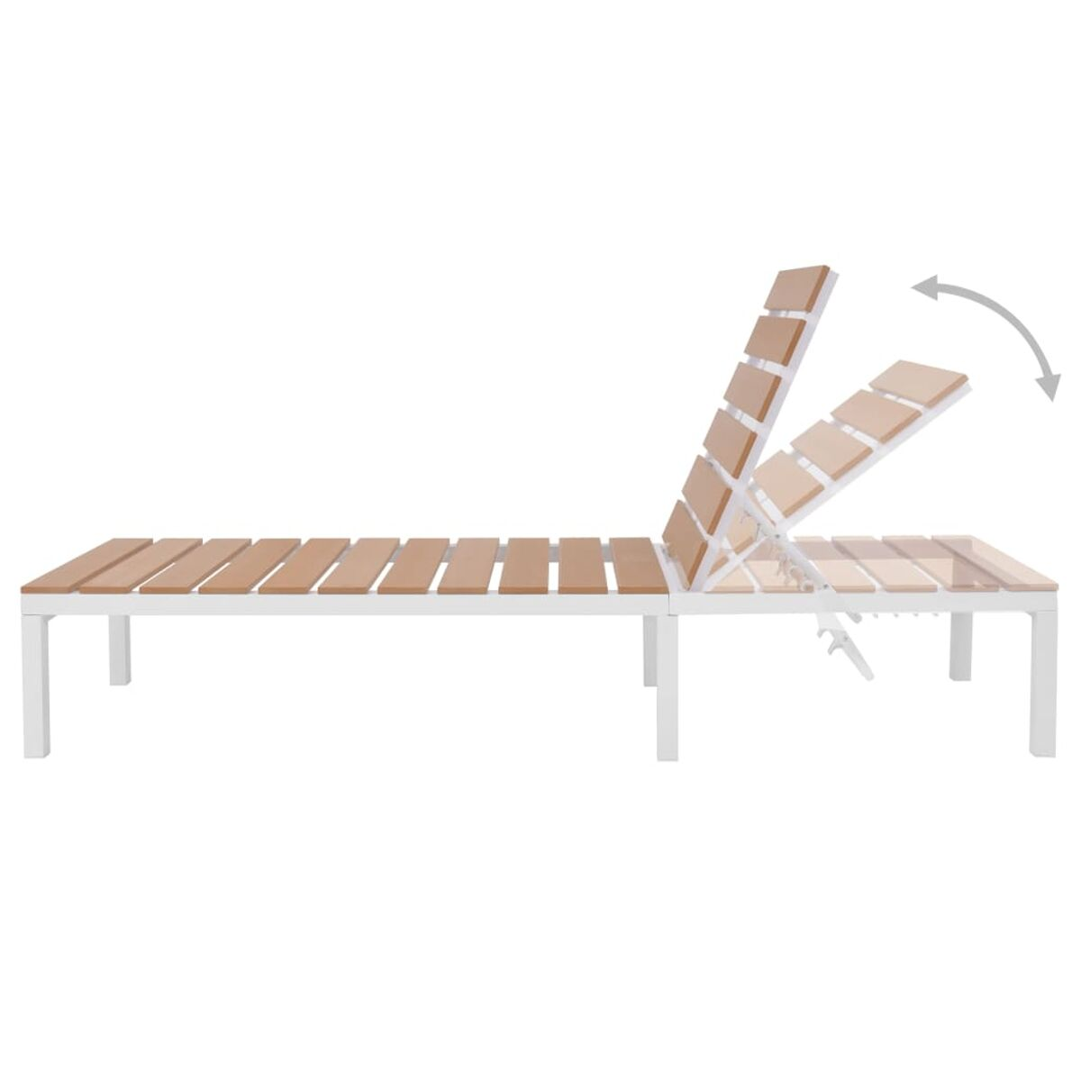 Sonnenliege aus Holz und Metall, die verschiedene Rückenlehnenpositionen zeigt.