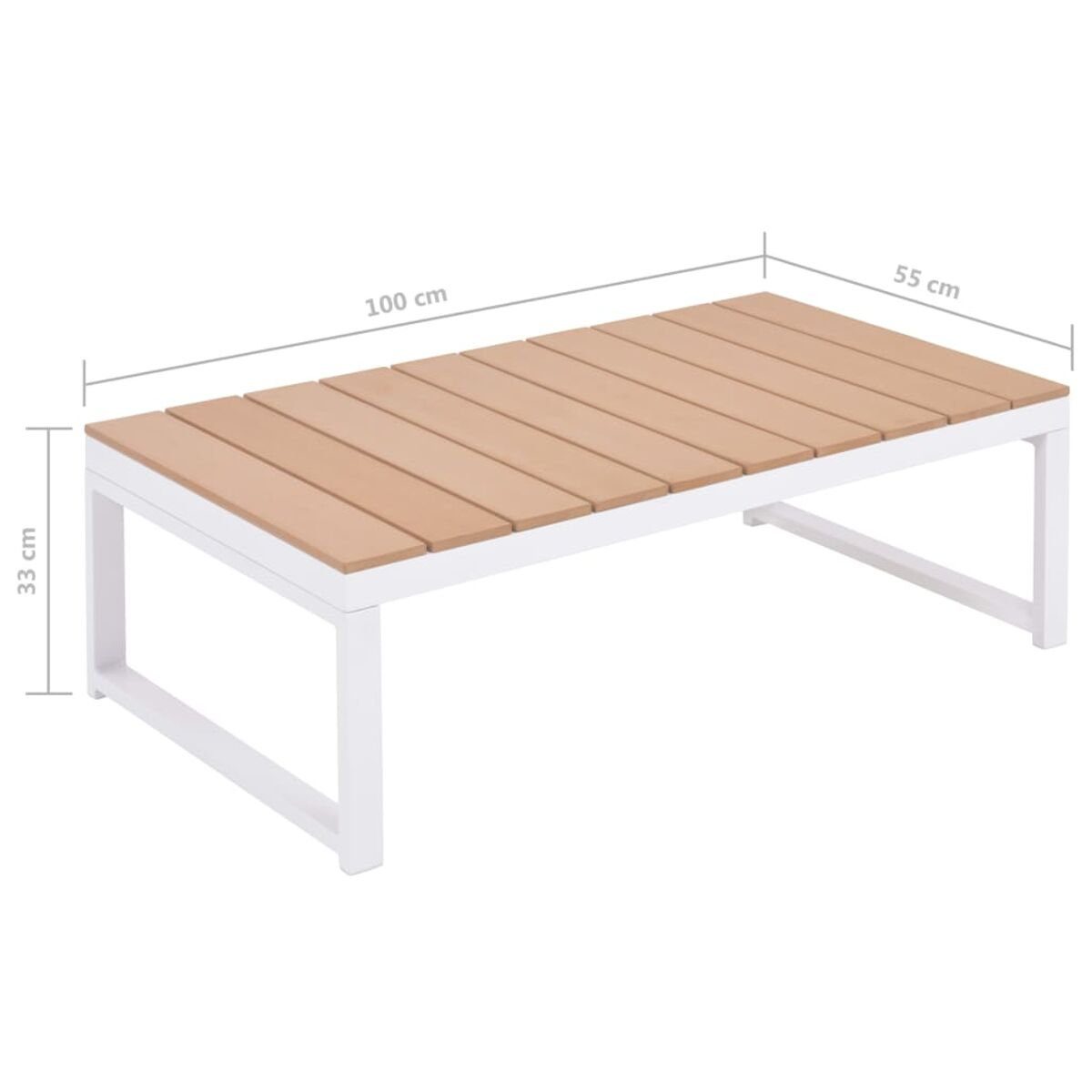 Ein Holztisch mit weißem Rahmen. Abmessungen sind auf dem Bild dargestellt.