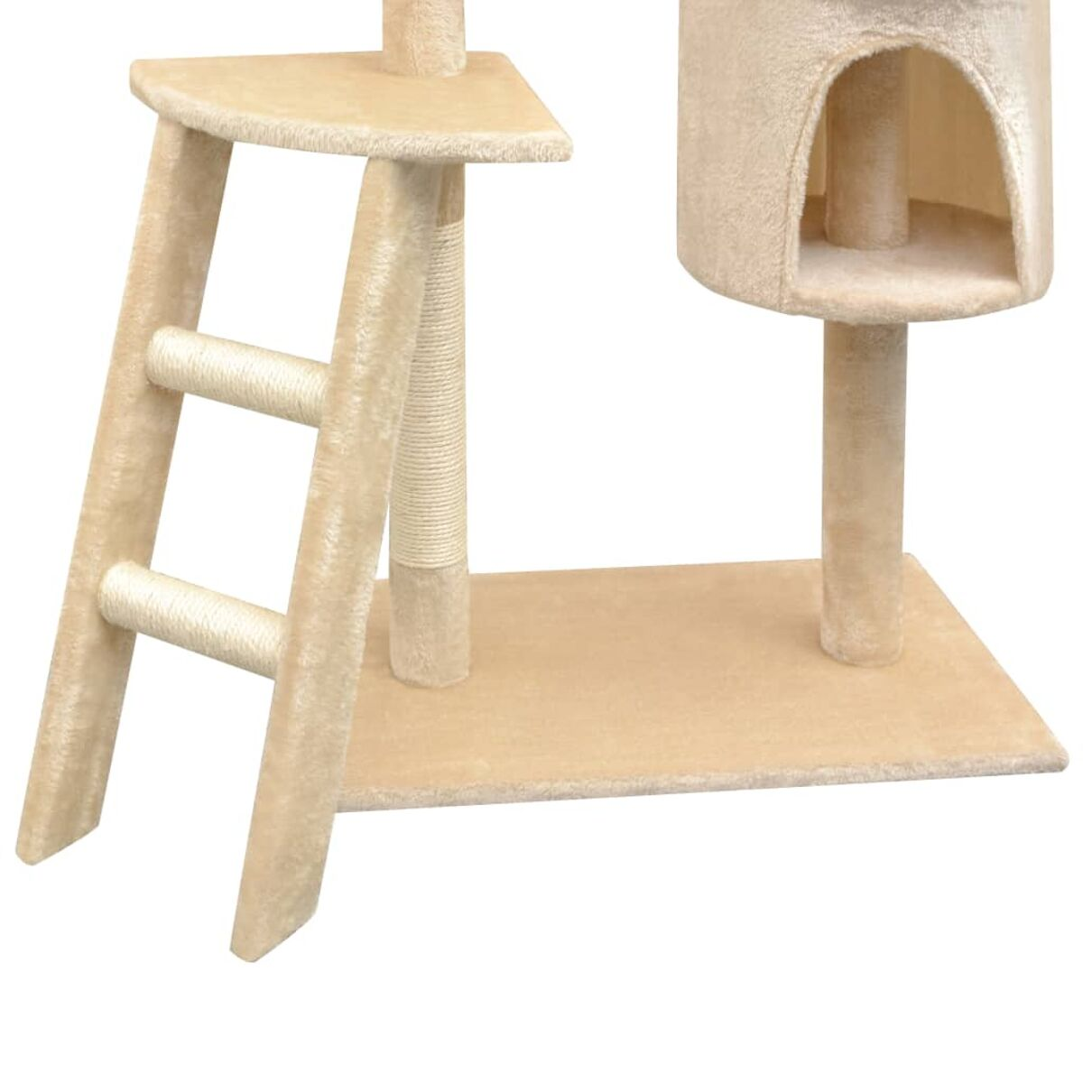 Katzenbaum mit beigem Teppich, mehreren Ebenen, einer Leiter und einem abgerundeten Versteck. Heller Hintergrund.