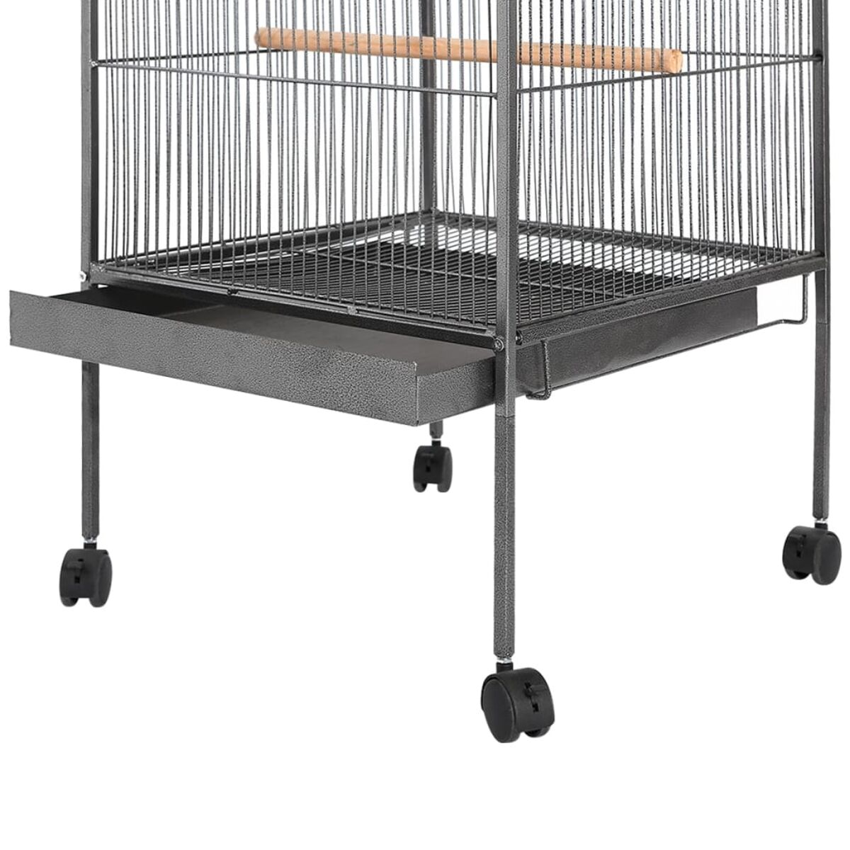 Ein Vogelkäfig mit einer Schublade und Rädern. Der Käfig ist grau.