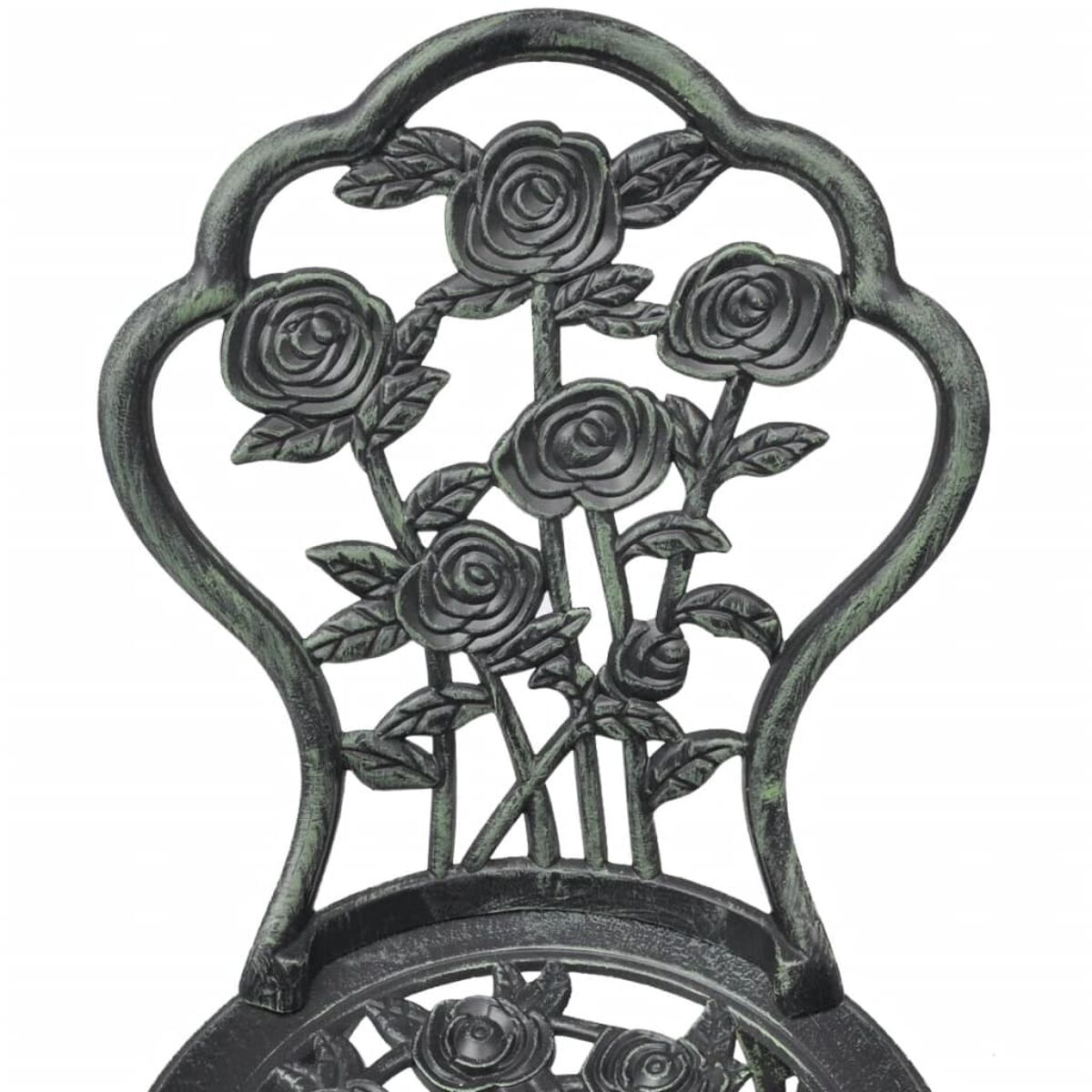 Dekorative Metall-Stuhlrückseite mit Rosen-Design. Der Stuhl ist grün und schwarz.