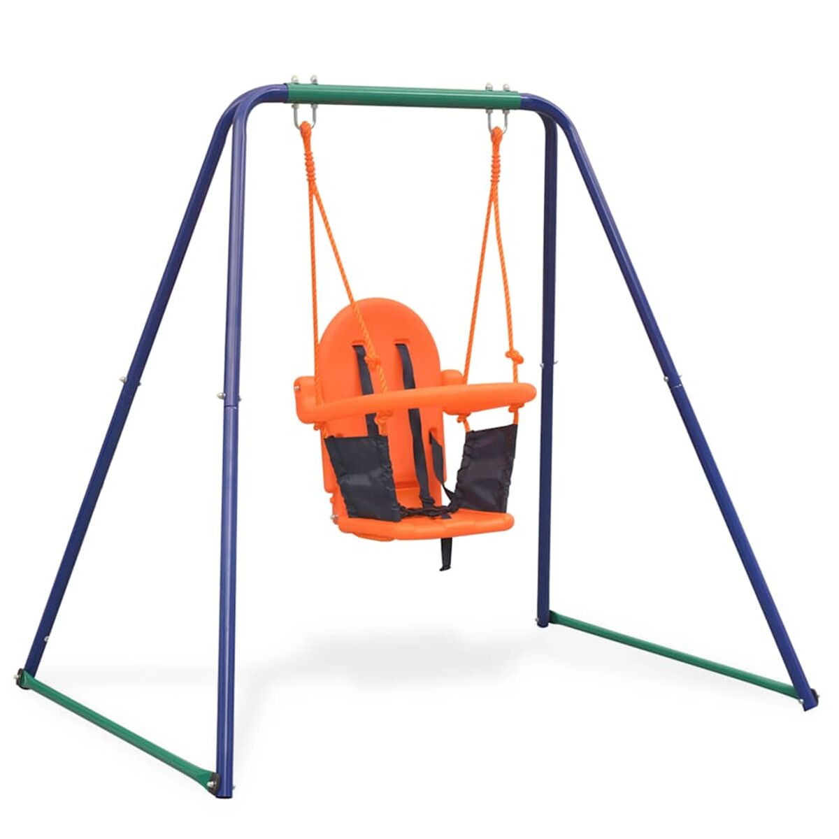 Un seggiolino arancione su un telaio blu e verde. Lo sfondo è bianco.