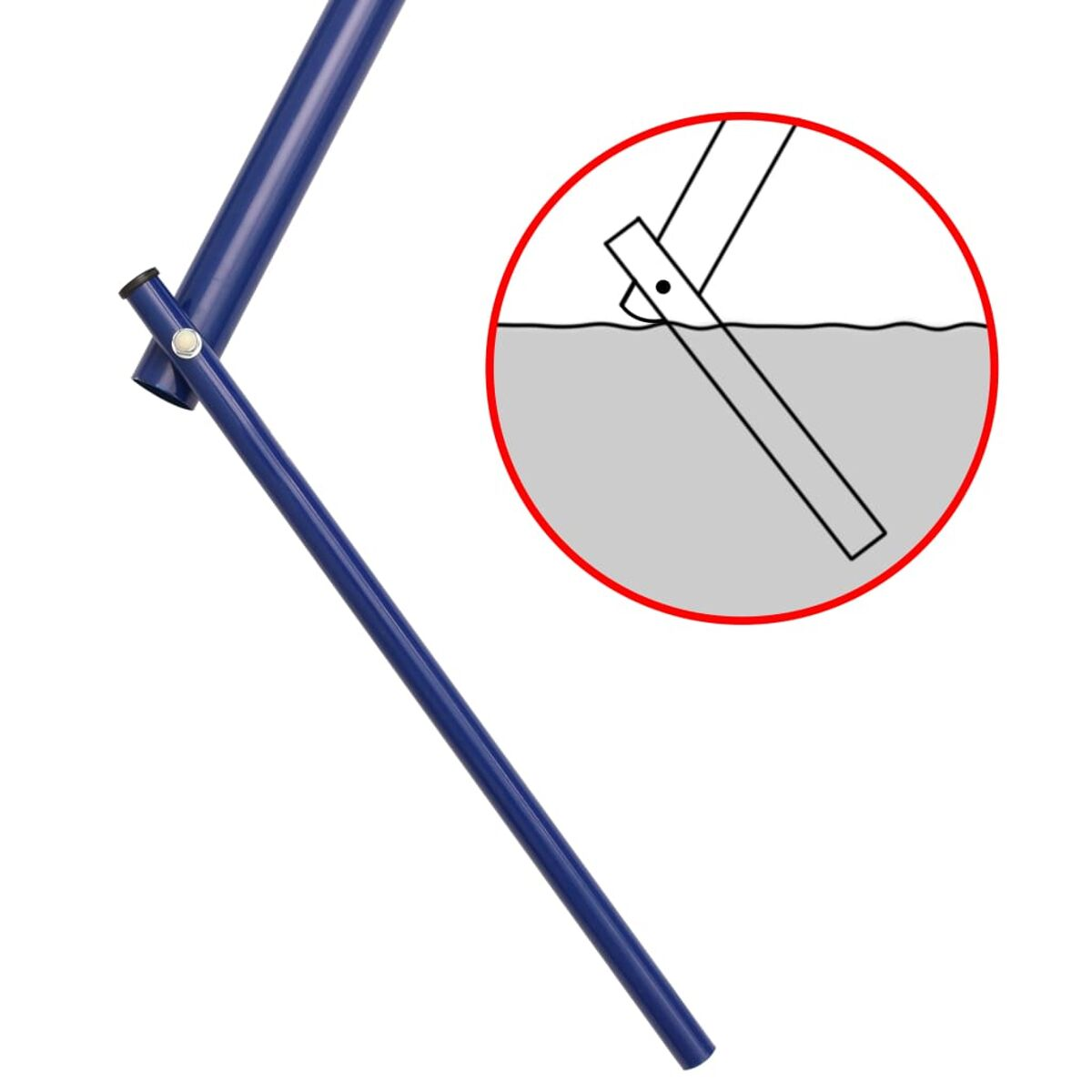 Un palo di metallo blu con dettaglio di connessione, in un cerchio.