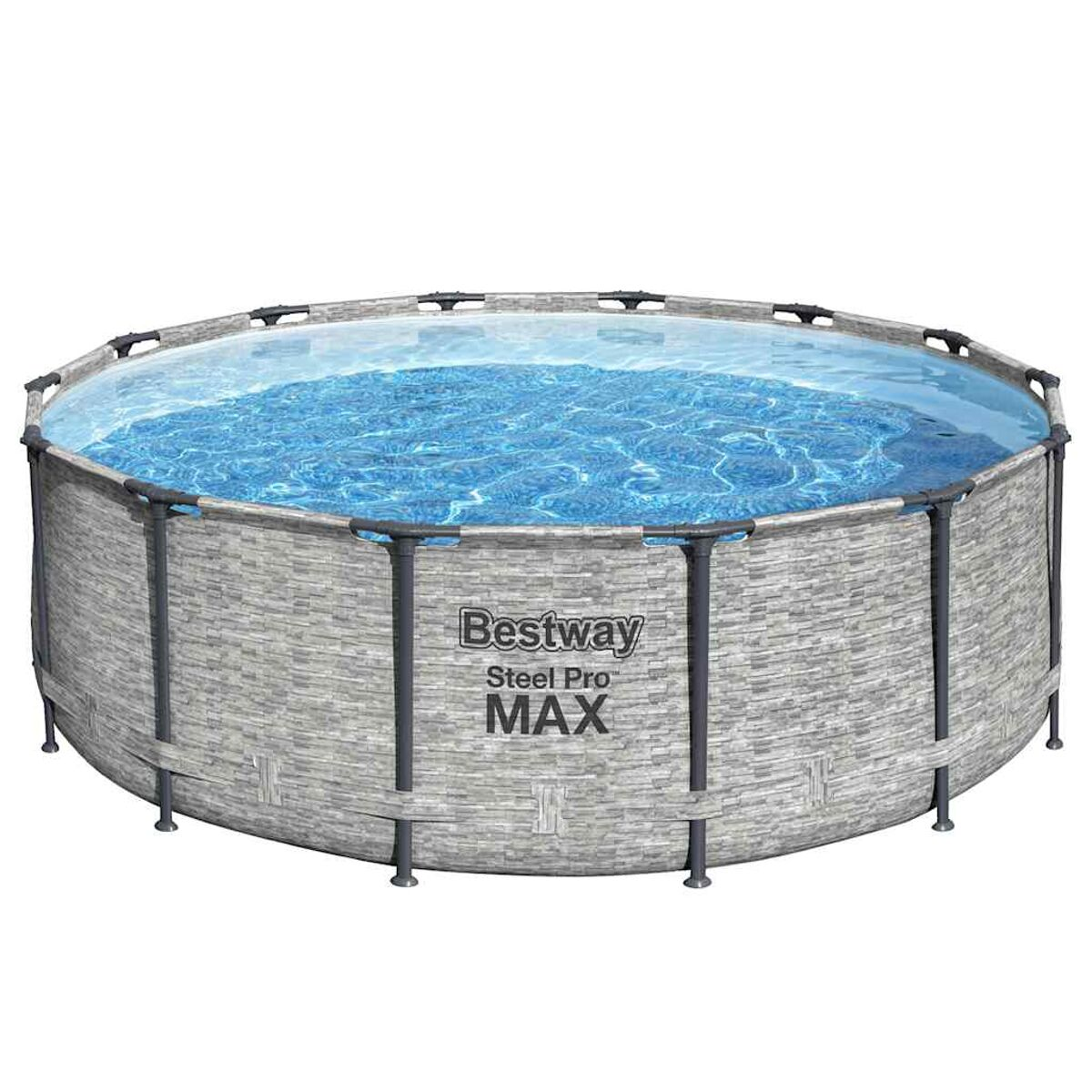 Bestway Steel Pro Max Aufstellpool. Grau mit Ziegelmuster. Das Wasser ist blau.