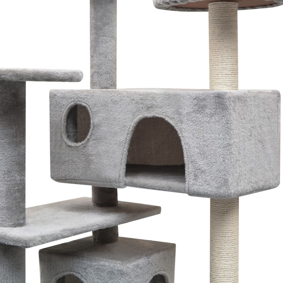Ein mehrstöckiger Katzenbaum mit grauen Plüschoberflächen, mit verschiedenen Plattformen und Verstecken.