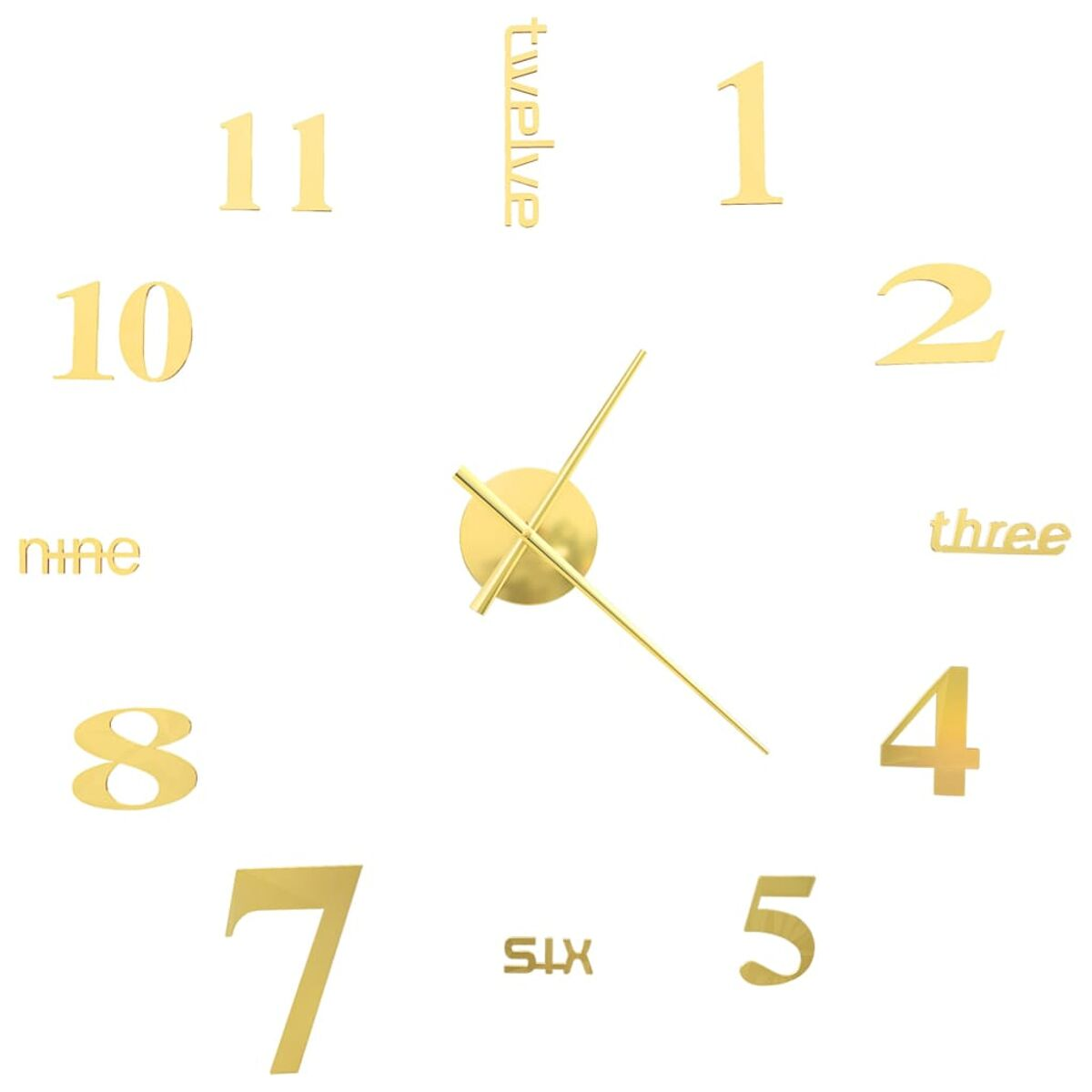Eine goldfarbene Wanduhr mit Zahlen und Zeigern. Der Hintergrund ist weiß.
