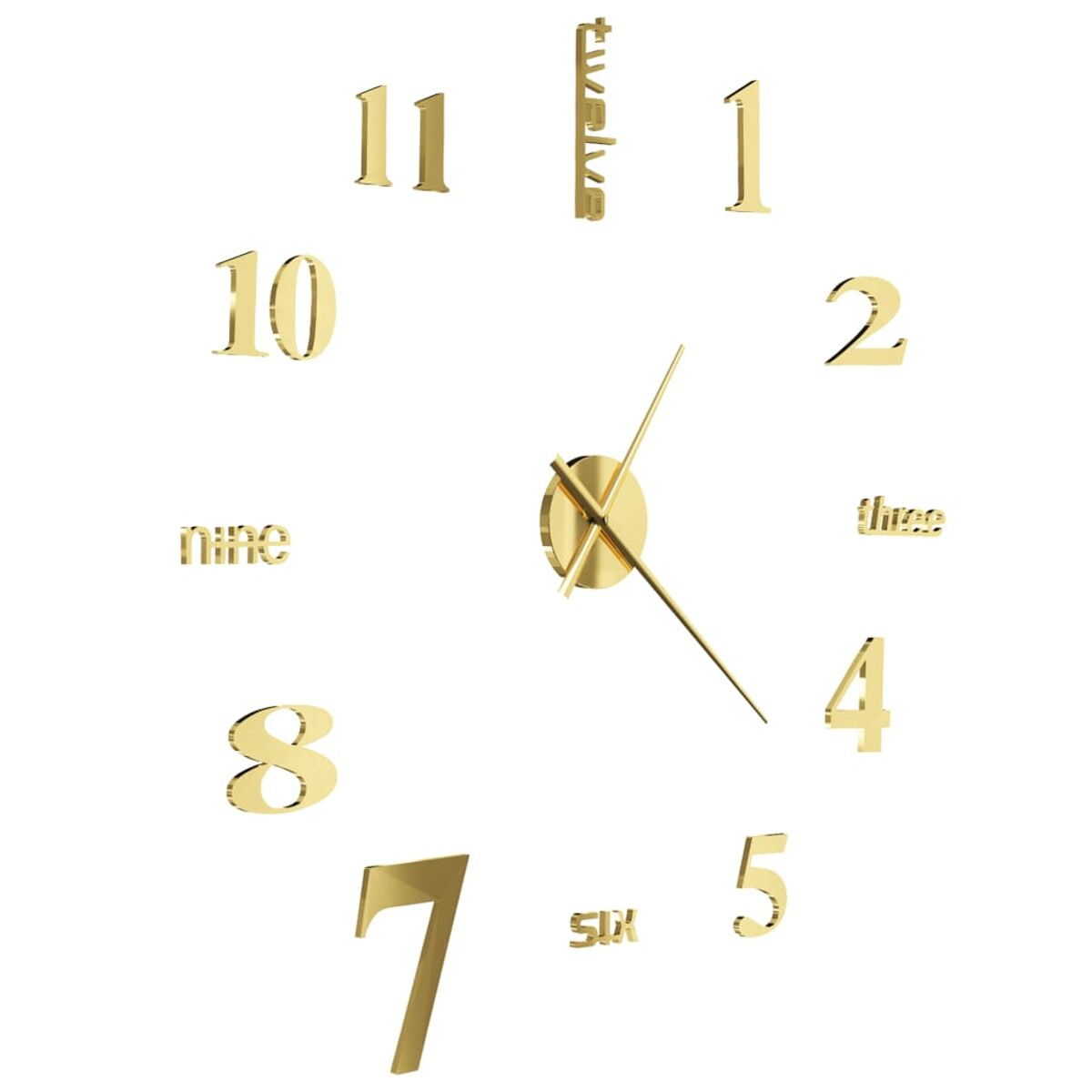 Goldene Zahlen und Zeiger auf einer weißen Wanduhr, das Wort 'neun'.
