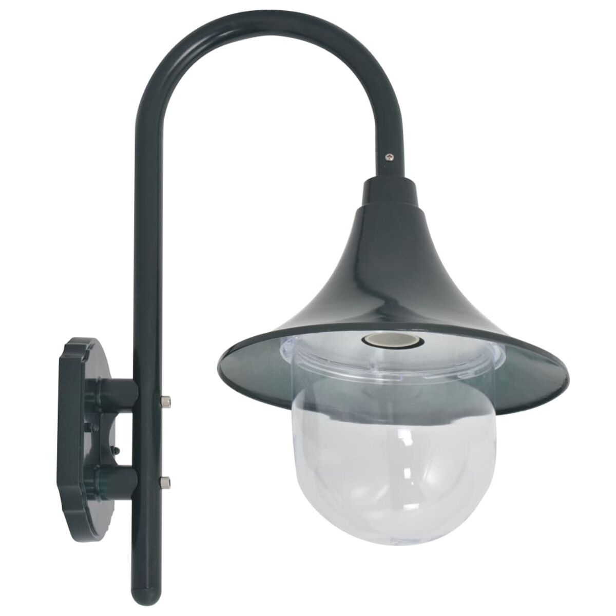 Dunkelgrüne Außenlampe mit klarer Kugel. Auf weißem Hintergrund montiert.