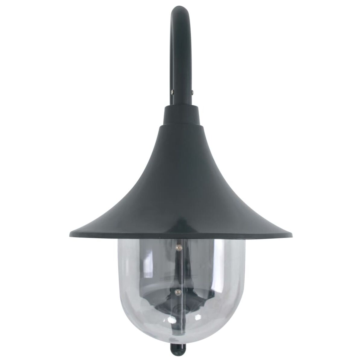 Schwarze Außenlampe mit gebogenem Arm und einem lichtumschlossenen Glas.