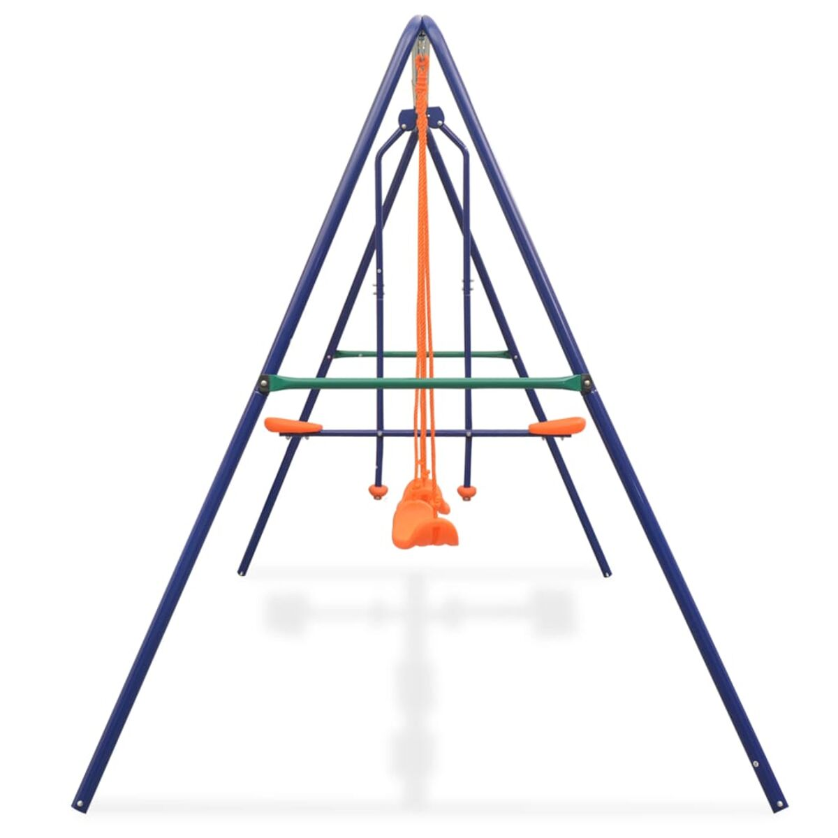 Ein blau-oranges Schaukelgerüst auf weißem Hintergrund, mit orangen Schaukeln und grünen Stangen.