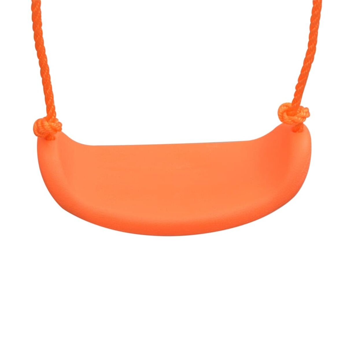Oranger Schaukelssitz mit orangen Seilen. Der Sitz ist gebogen, mit zwei Knoten oben.