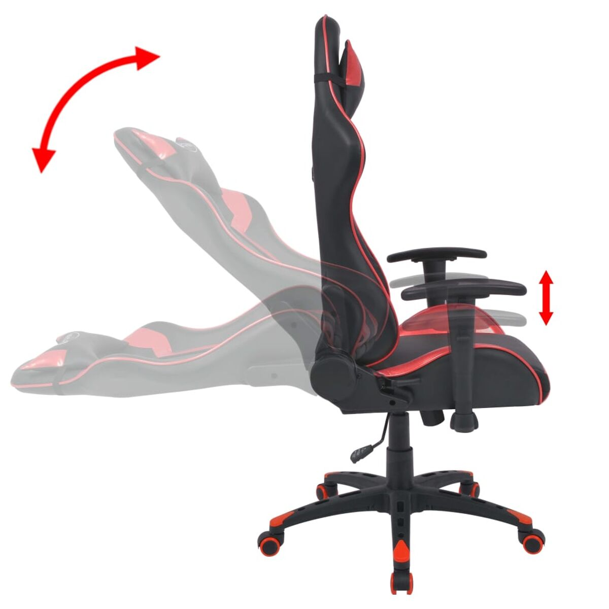 Ein Gaming-Stuhl, schwarz mit roten Akzenten, im Profil gezeigt. Pfeile zeigen die Verstellung des Stuhls an.