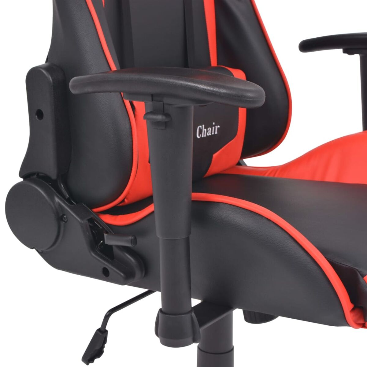 Schwarzer und roter Gaming-Stuhl. Armlehnen und verstellbare Funktionen.